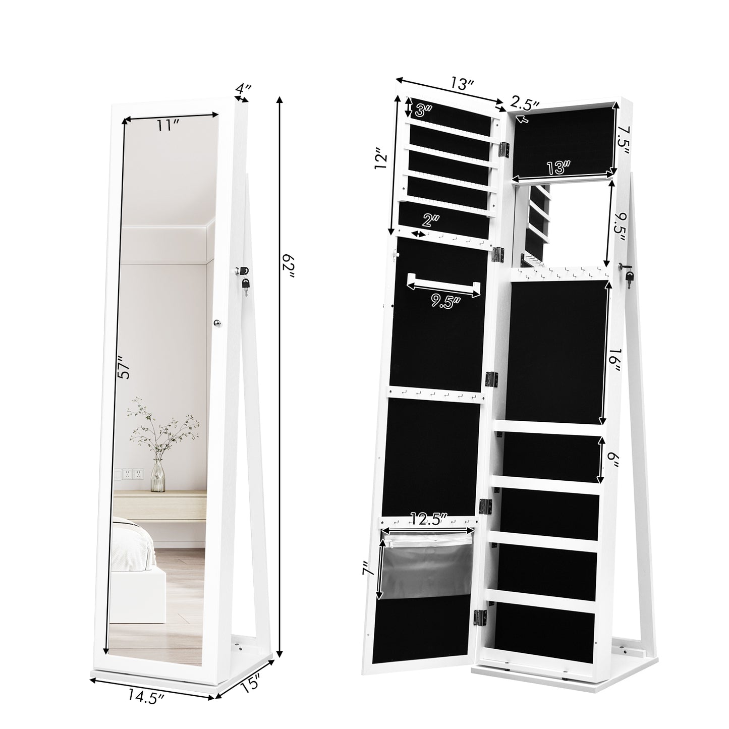 Lockable Freestanding Jewelry Armoire with Full Length Mirror-White (Fully Assembled)