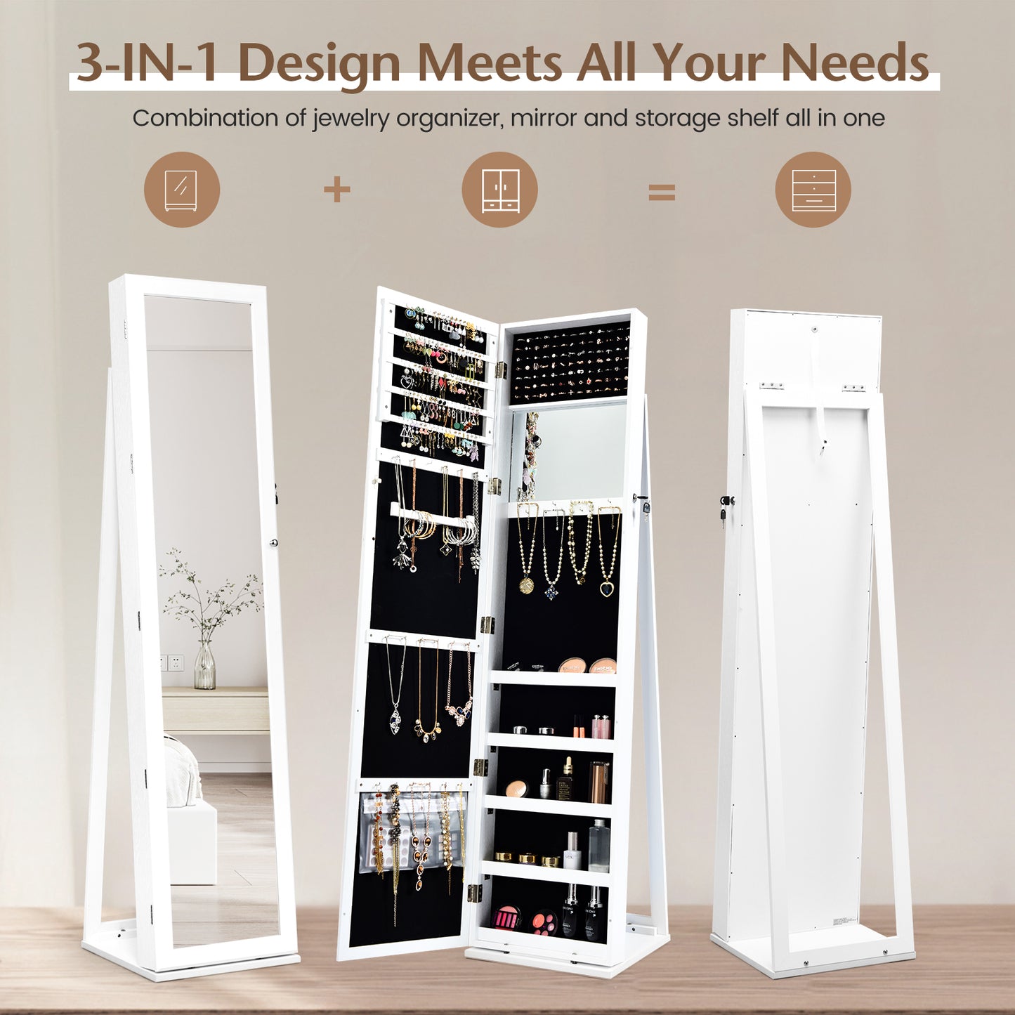 Lockable Freestanding Jewelry Armoire with Full Length Mirror-White (Fully Assembled)