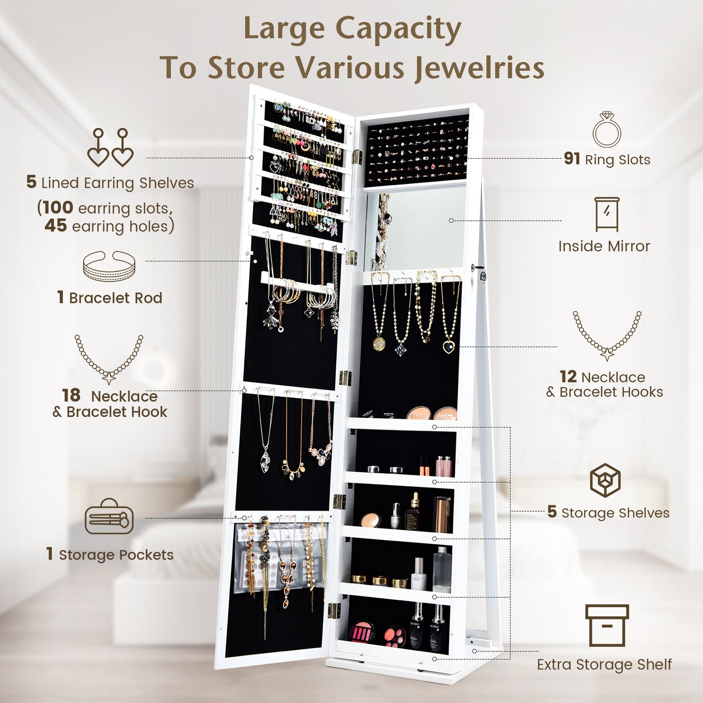 Lockable Freestanding Jewelry Armoire with Full Length Mirror-White (Fully Assembled)
