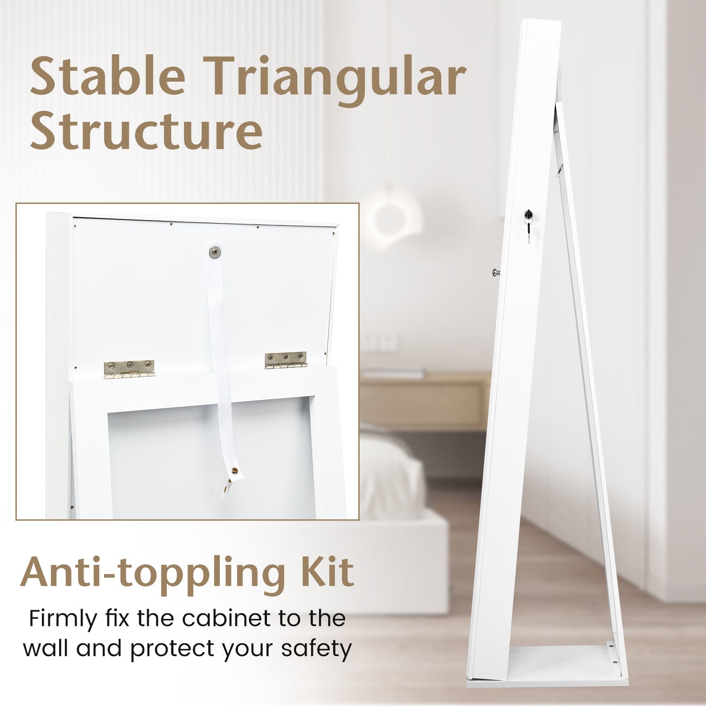 Lockable Freestanding Jewelry Armoire with Full Length Mirror-White (Fully Assembled)