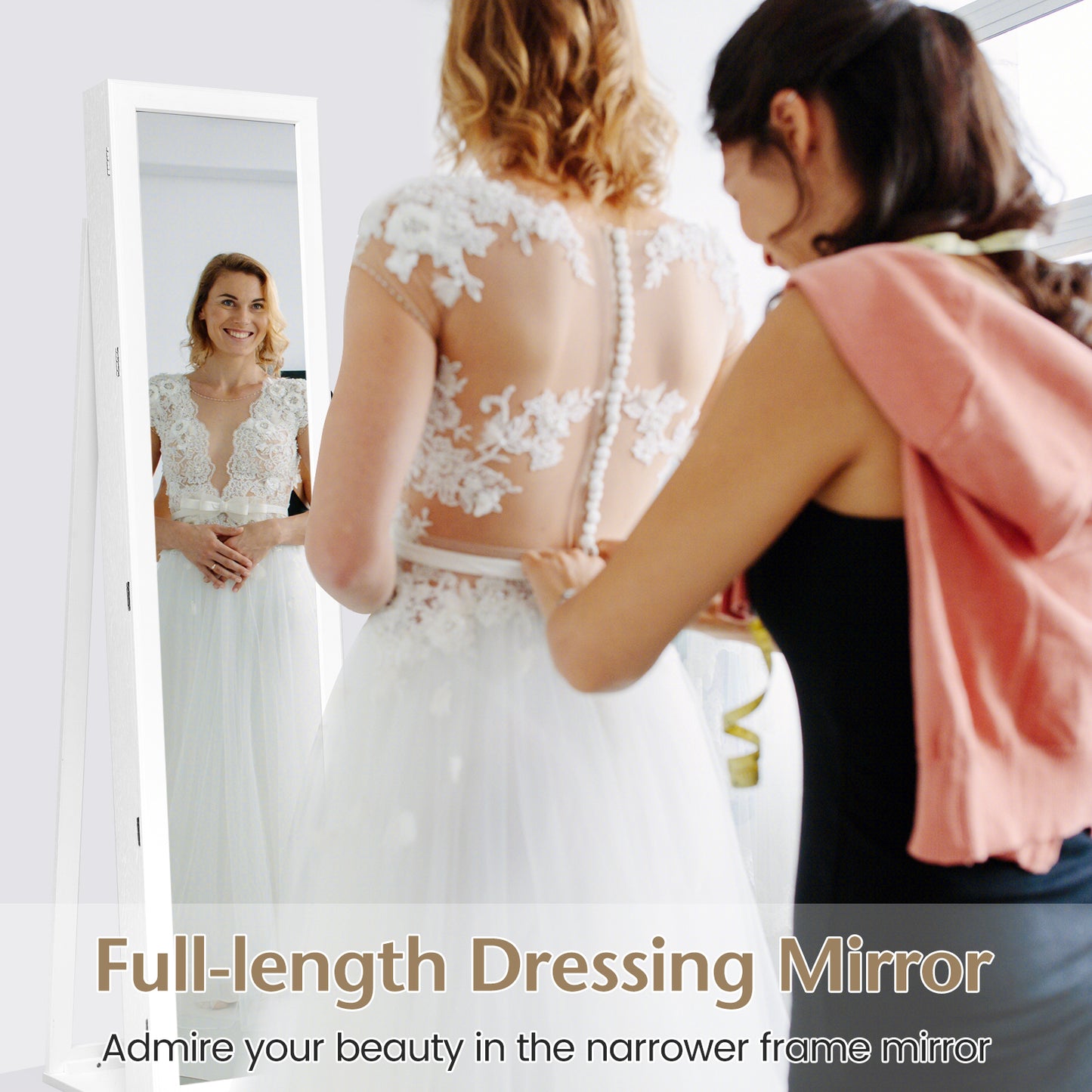 Lockable Freestanding Jewelry Armoire with Full Length Mirror-White (Fully Assembled)