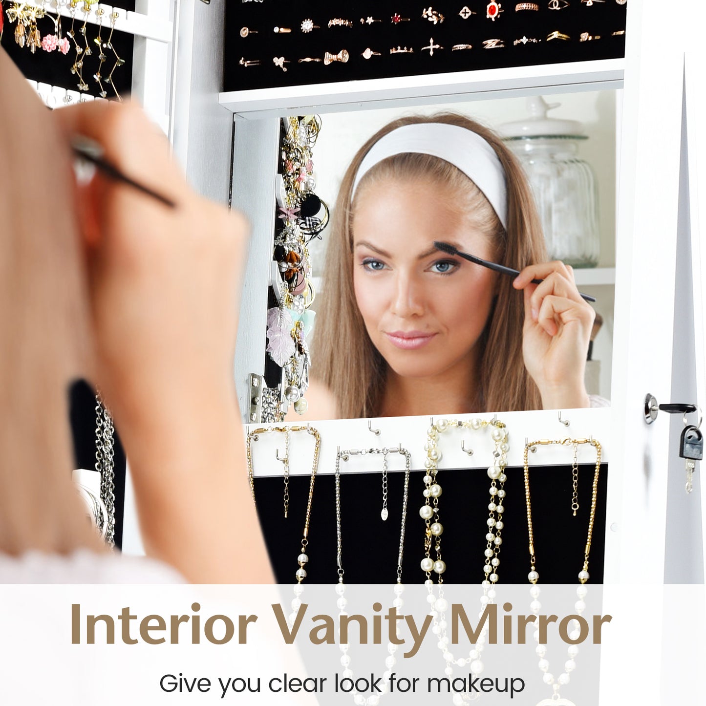 Lockable Freestanding Jewelry Armoire with Full Length Mirror-White (Fully Assembled)