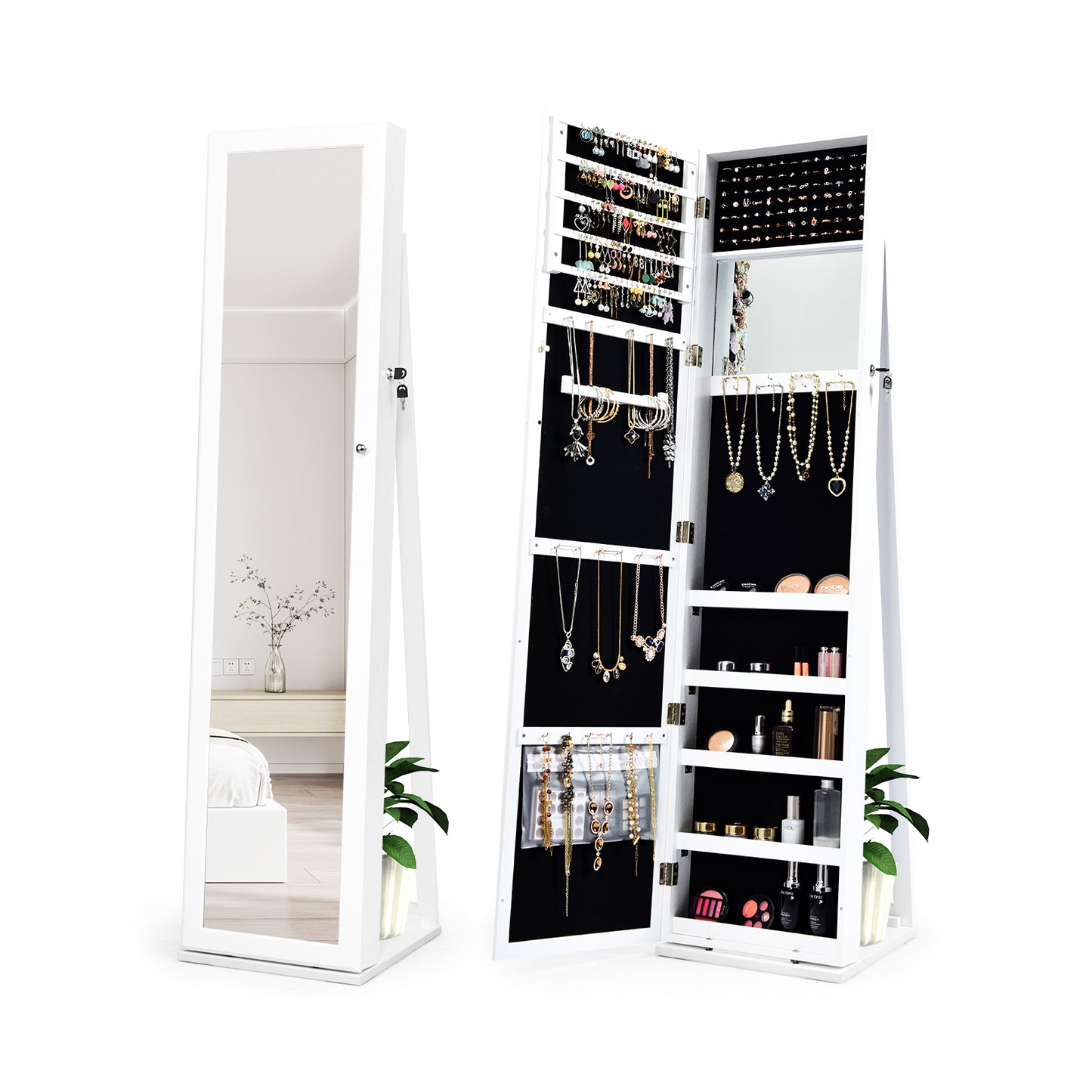 Lockable Freestanding Jewelry Armoire with Full Length Mirror-White (Fully Assembled)