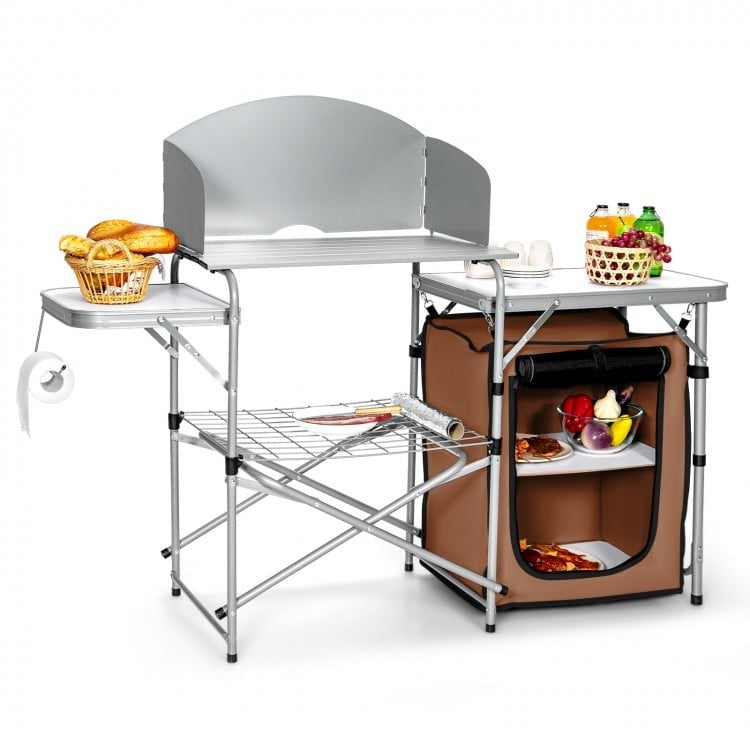 Foldable Outdoor BBQ Portable Grilling Table with Windscreen Bag