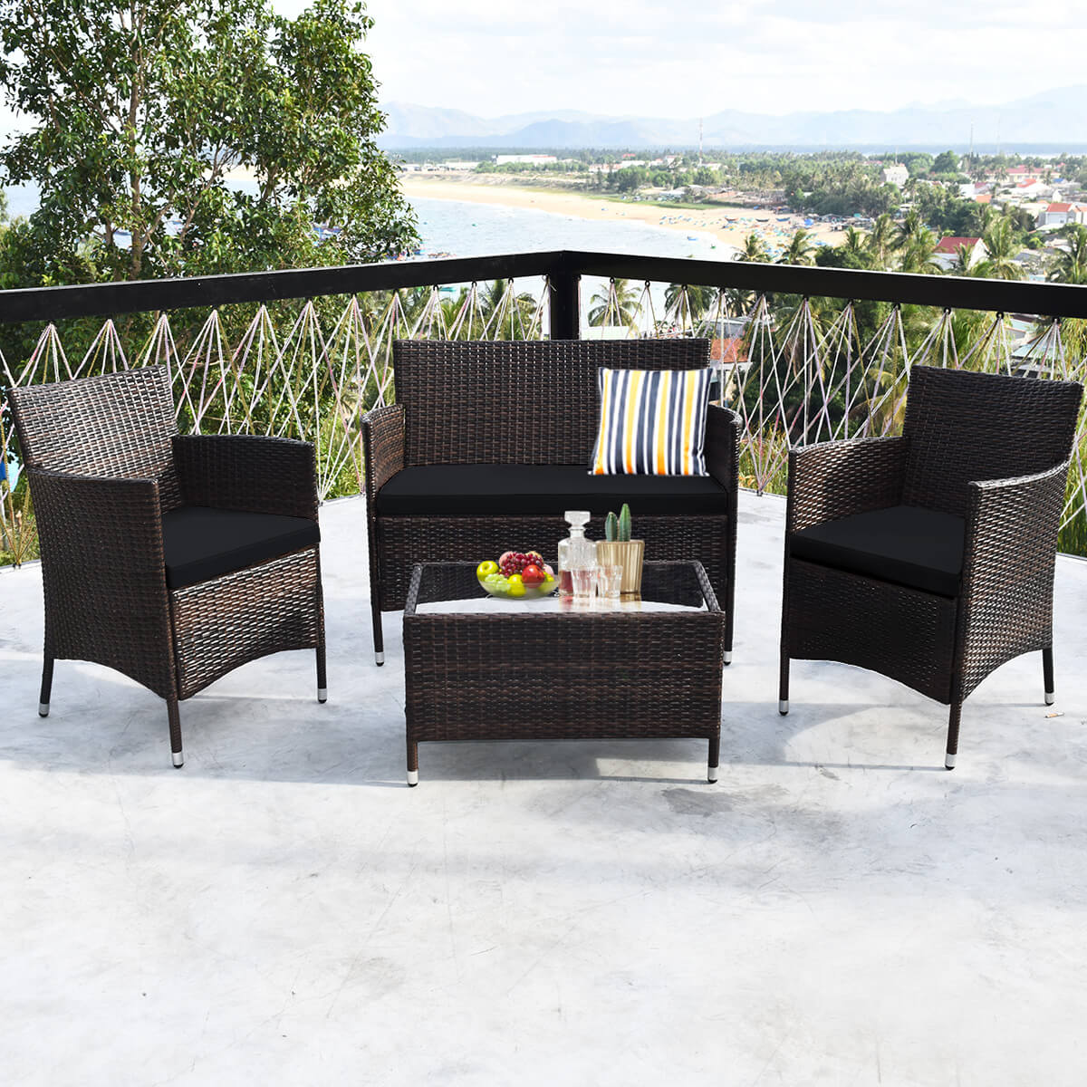 4 Pieces Rattan Sofa Set with Glass Table and Comfortable Wicker for Outdoor Patio-Black, Fully Assembled