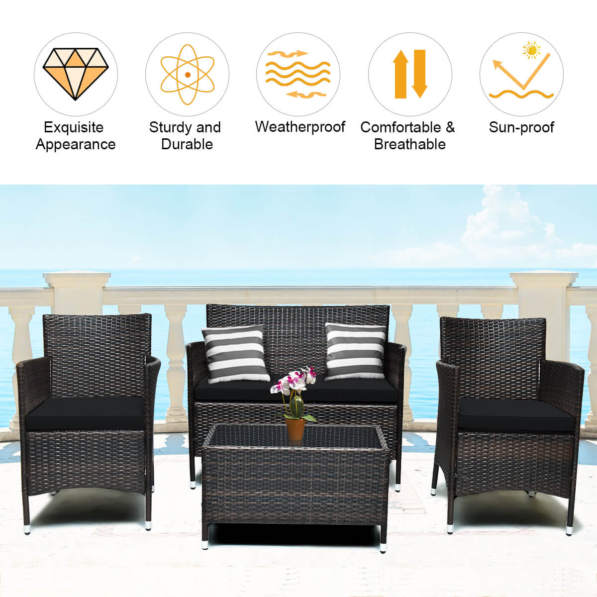 4 Pieces Rattan Sofa Set with Glass Table and Comfortable Wicker for Outdoor Patio-Black, Fully Assembled