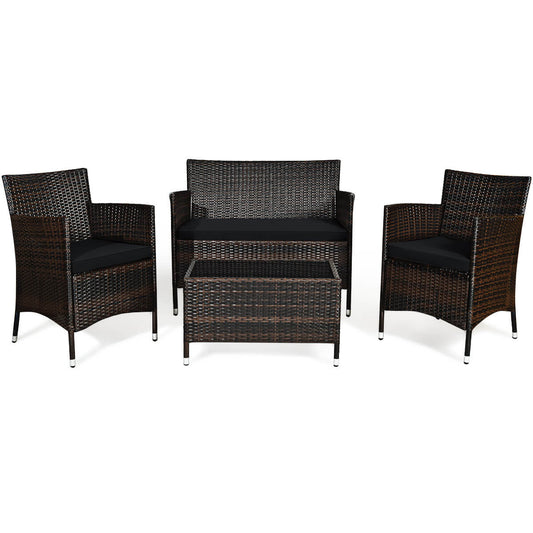 4 Pieces Rattan Sofa Set with Glass Table and Comfortable Wicker for Outdoor Patio-Black, Fully Assembled
