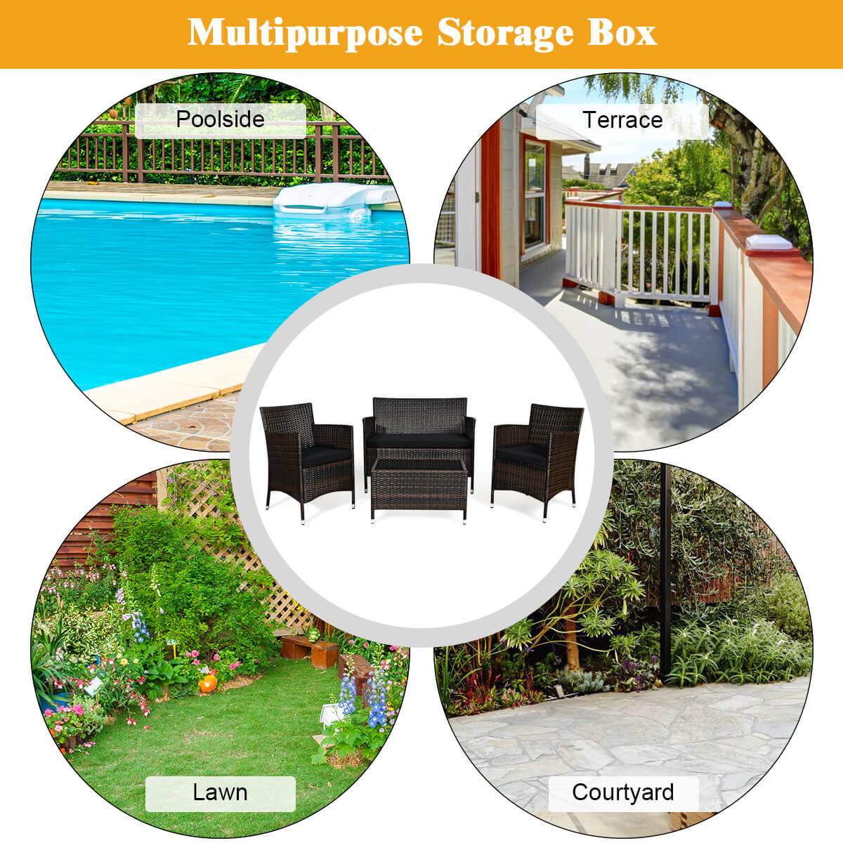 4 Pieces Rattan Sofa Set with Glass Table and Comfortable Wicker for Outdoor Patio-Black, Fully Assembled