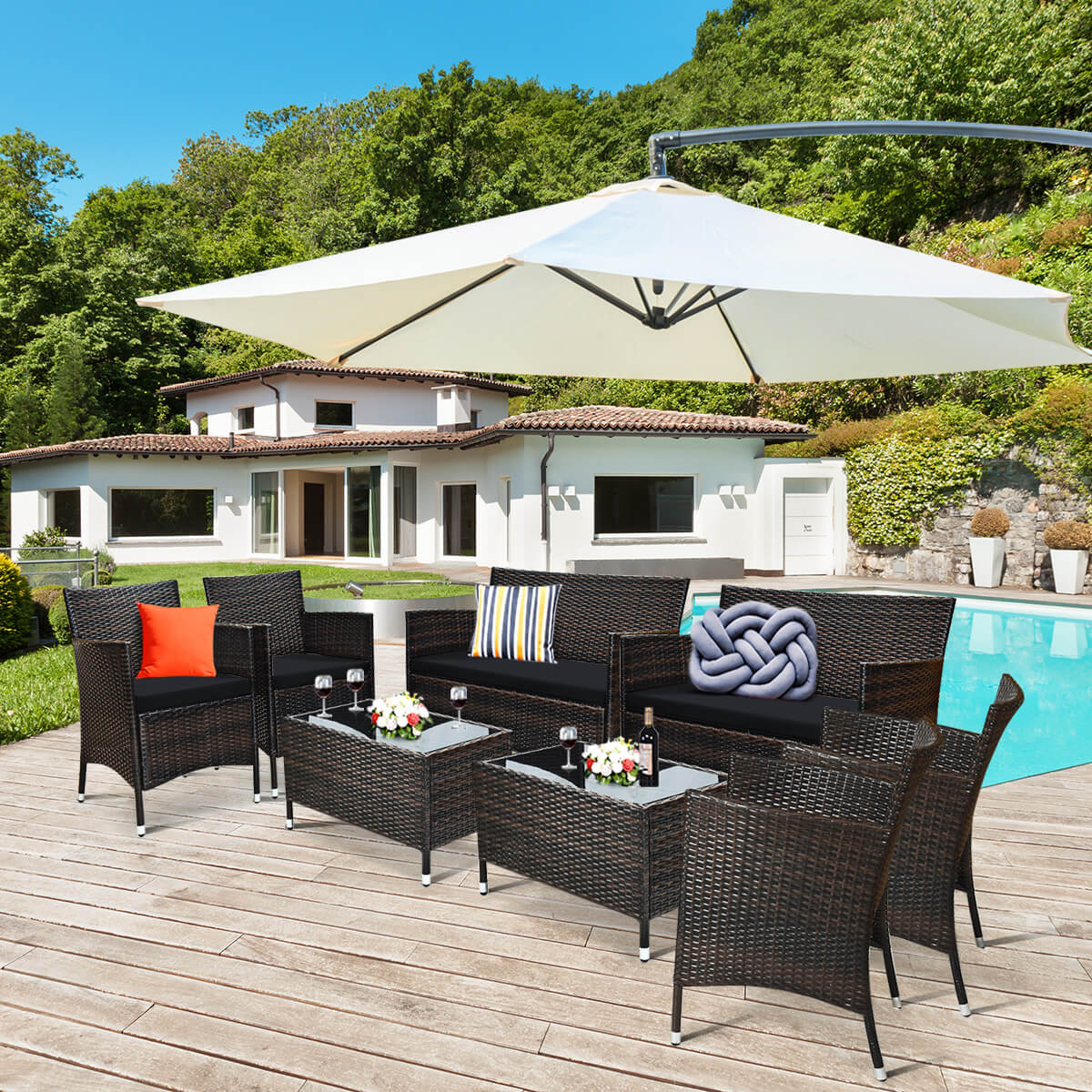 4 Pieces Rattan Sofa Set with Glass Table and Comfortable Wicker for Outdoor Patio-Black, Fully Assembled
