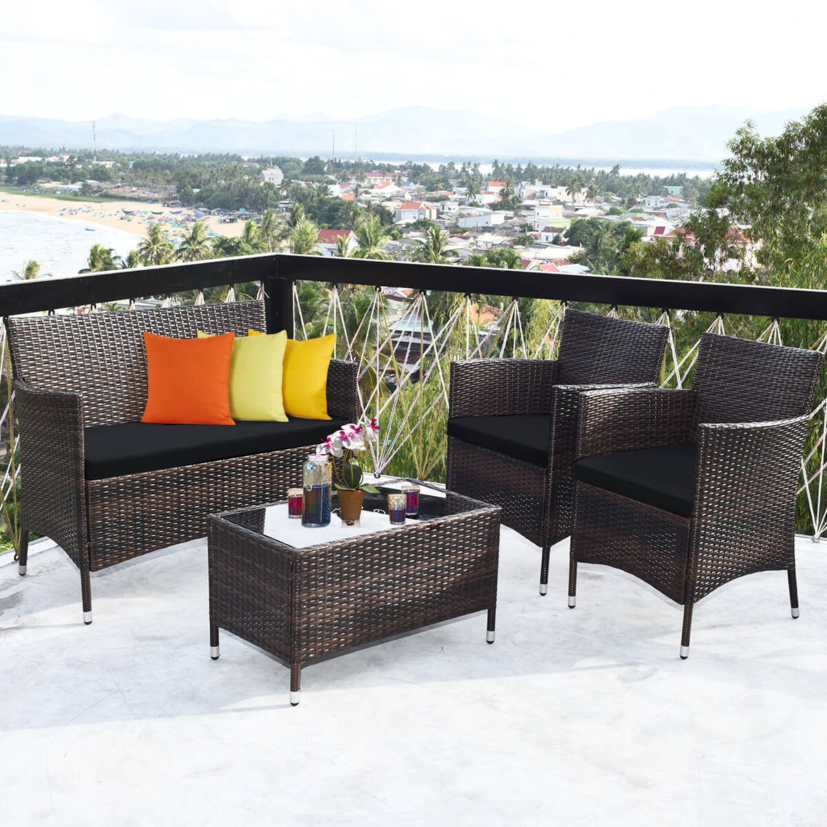 4 Pieces Rattan Sofa Set with Glass Table and Comfortable Wicker for Outdoor Patio-Black, Fully Assembled