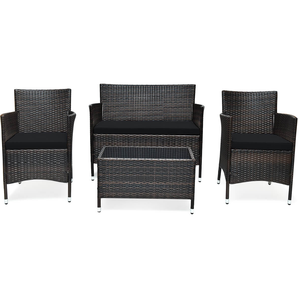4 Pieces Rattan Sofa Set with Glass Table and Comfortable Wicker for Outdoor Patio-Black, Fully Assembled