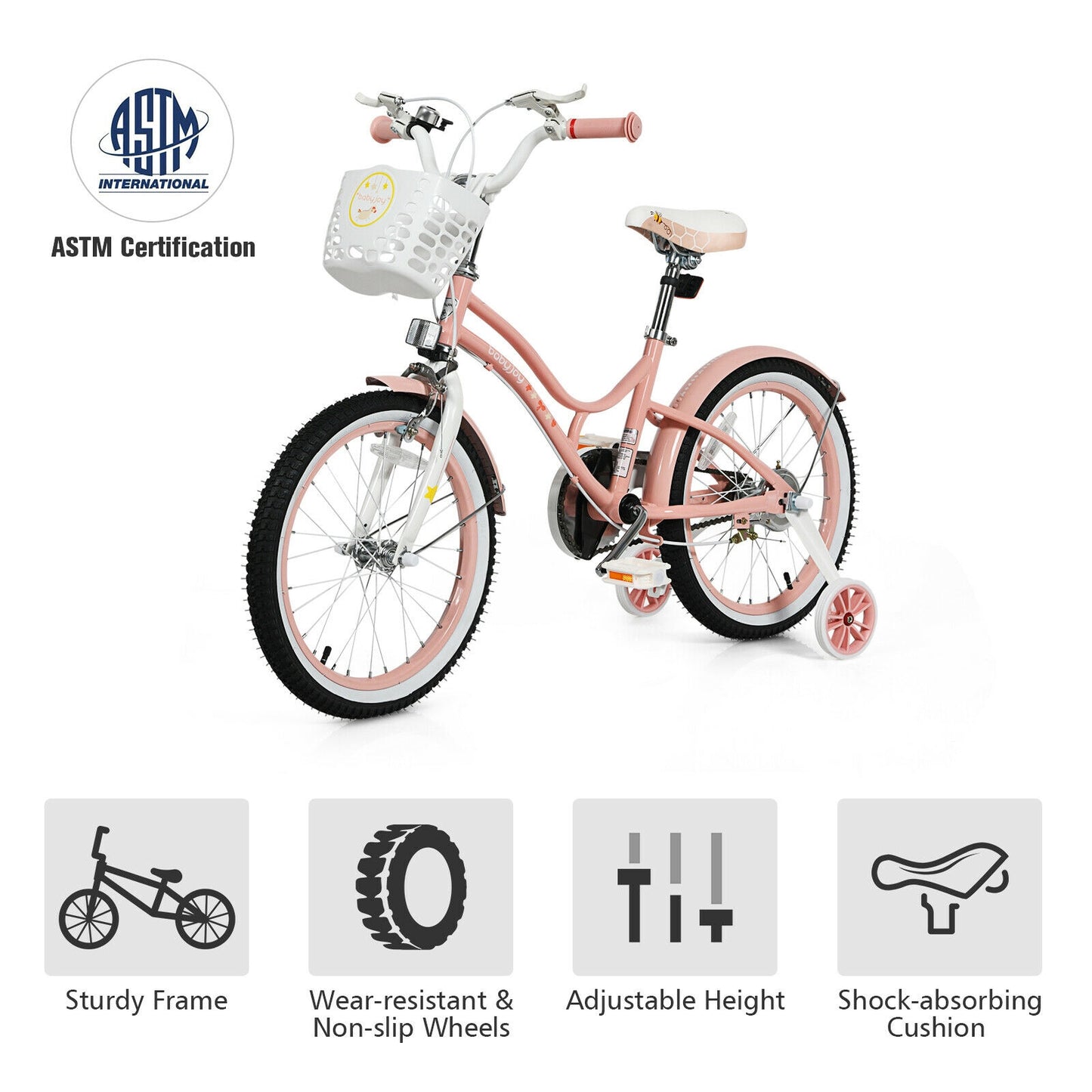 18 Inch Kids Adjustable Bike Toddlers with Training Wheels, Pink, Fully assembled