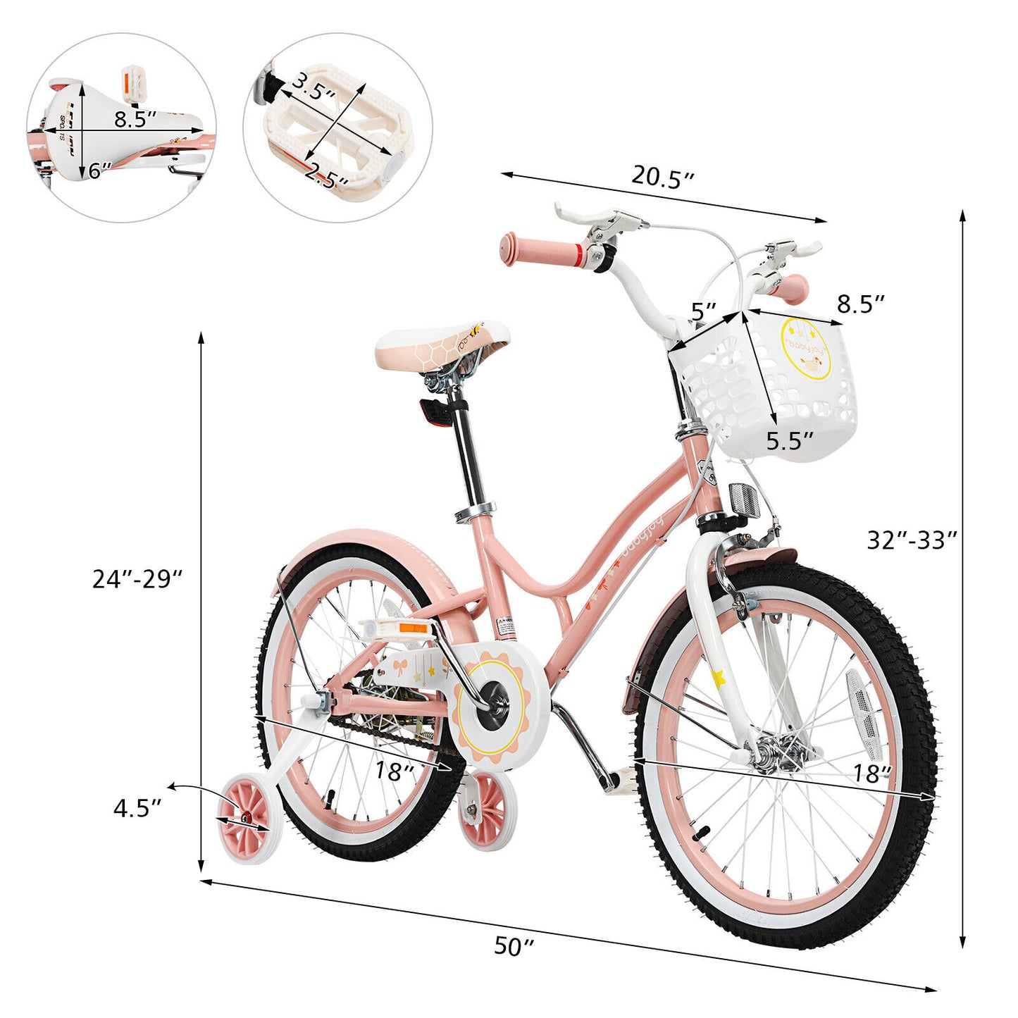 18 Inch Kids Adjustable Bike Toddlers with Training Wheels, Pink, Fully assembled
