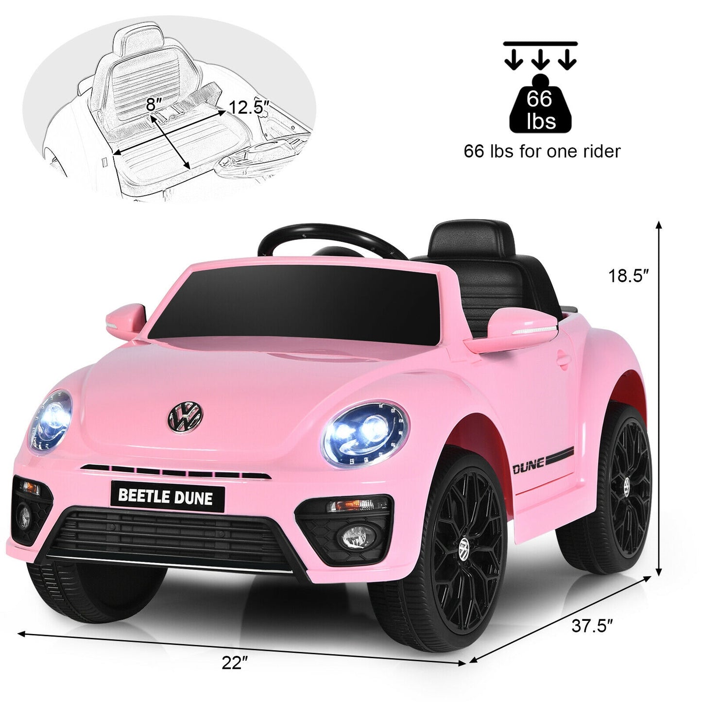 Volkswagen Beetle Kids Electric Ride On Car with Remote Control-Pink, Fully Assembled