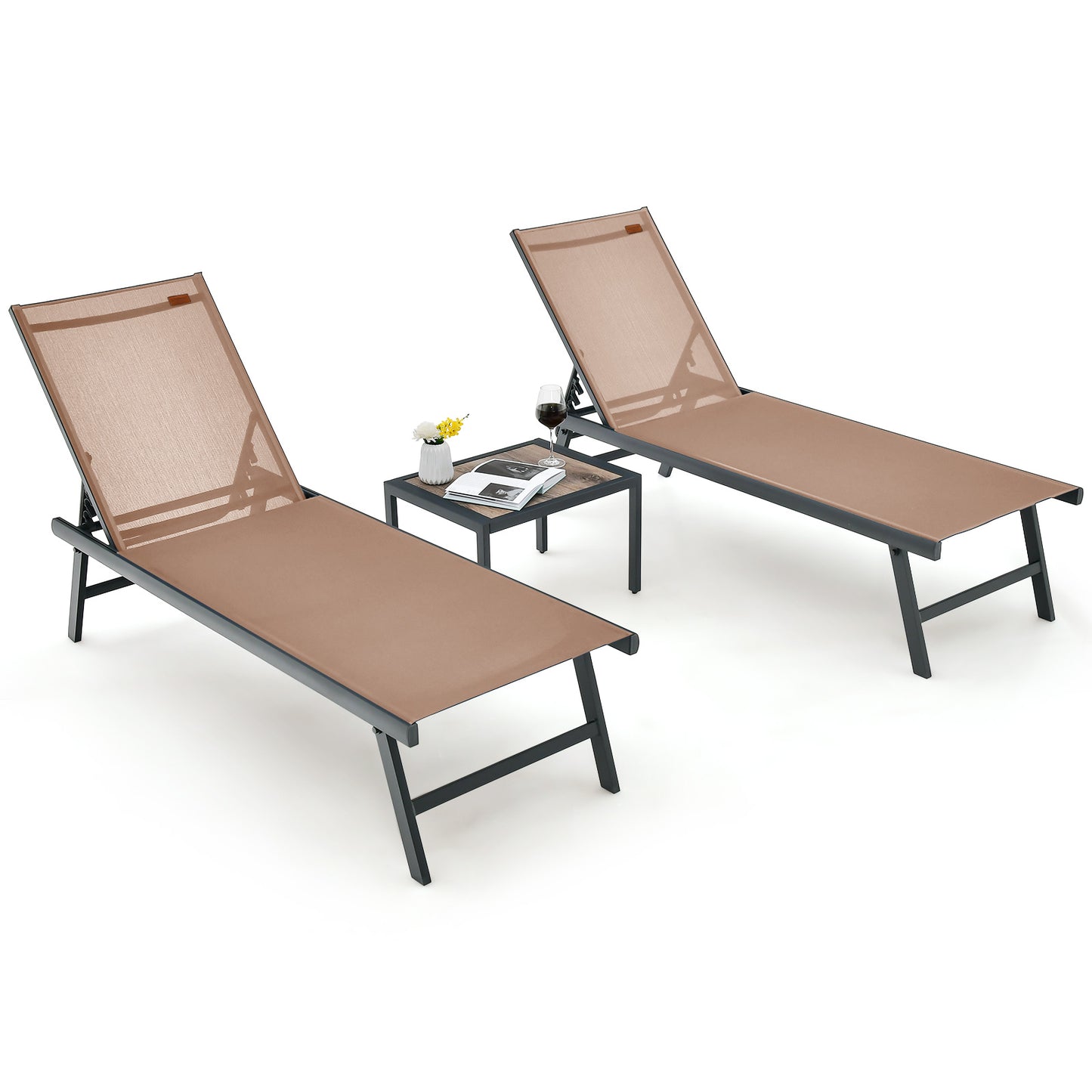 3 Pieces Patio Chaise Lounge Chair and Table Set for Poolside Yard-Brown (Shipping Damage) (assembled)