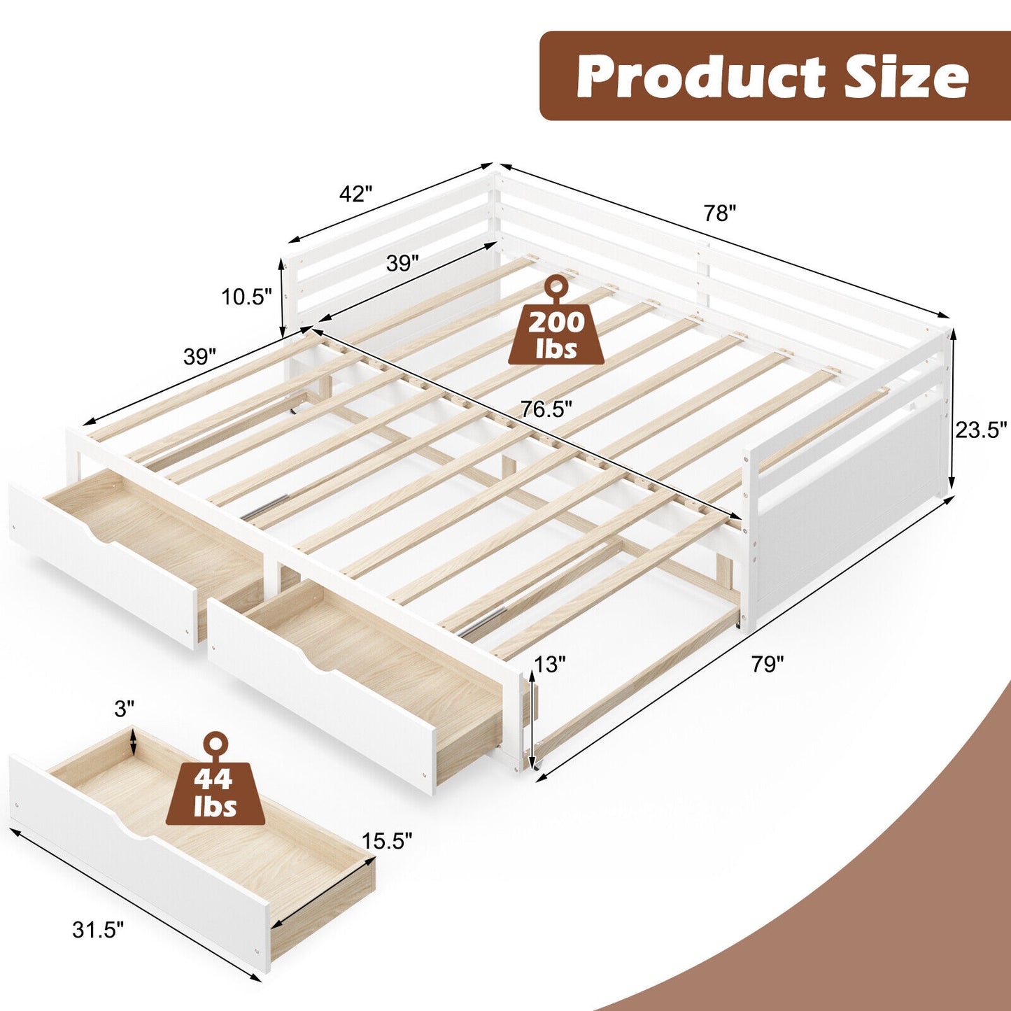 SPECIAL - Extendable Twin to King Daybed with Trundle and 2 Storage Drawers-White (1 Box, Unassembled)