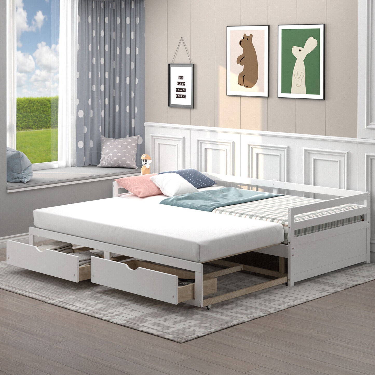 SPECIAL - Extendable Twin to King Daybed with Trundle and 2 Storage Drawers-White (1 Box, Unassembled)