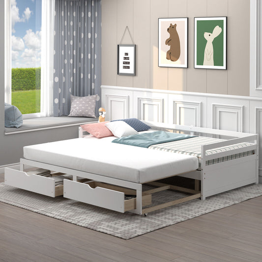 SPECIAL - Extendable Twin to King Daybed with Trundle and 2 Storage Drawers-White (1 Box, Unassembled)