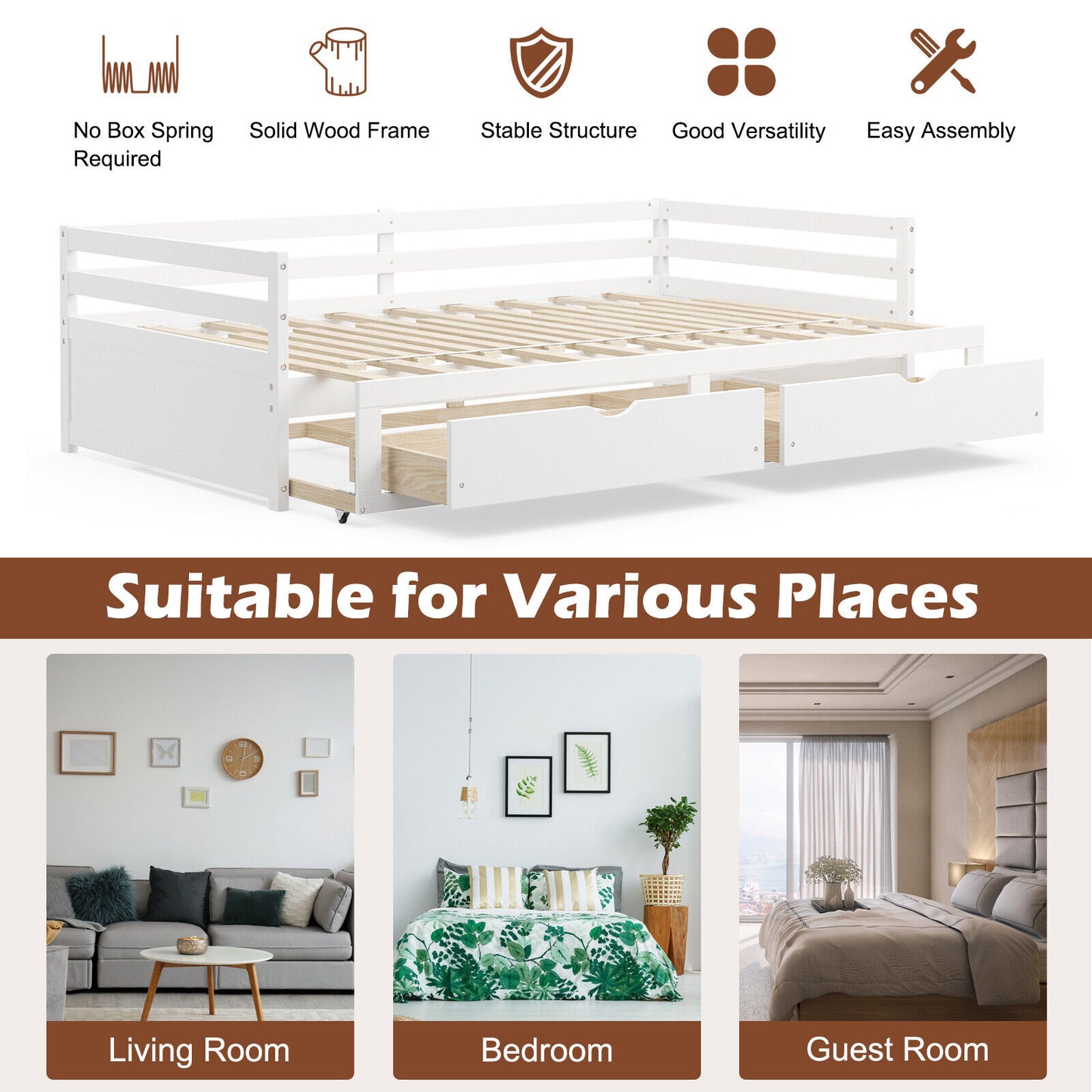 SPECIAL - Extendable Twin to King Daybed with Trundle and 2 Storage Drawers-White (1 Box, Unassembled)