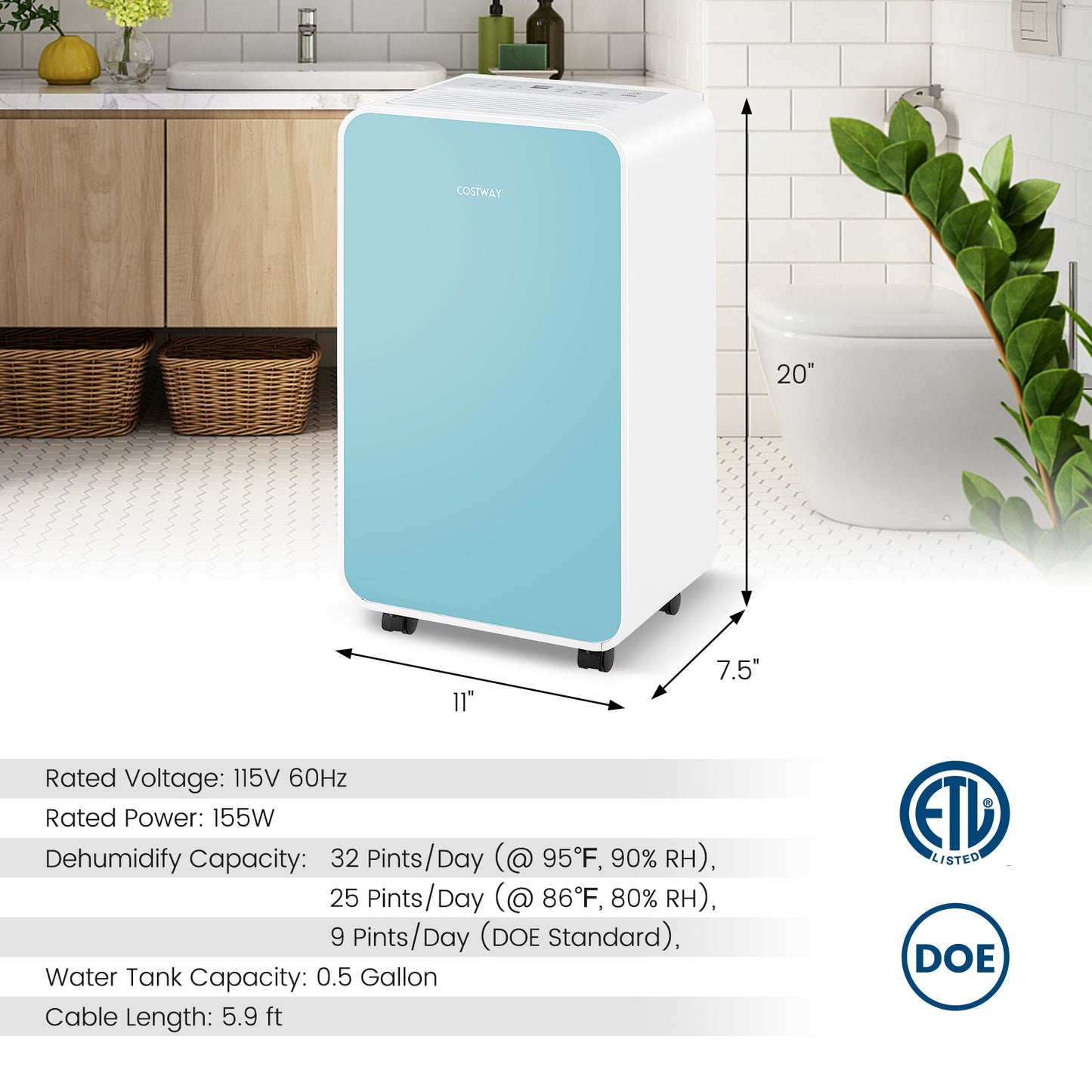 Portable Quiet Dehumidifier for Rooms up to 2500 Sq. Ft-Blue, no box or manual, small mark on front
