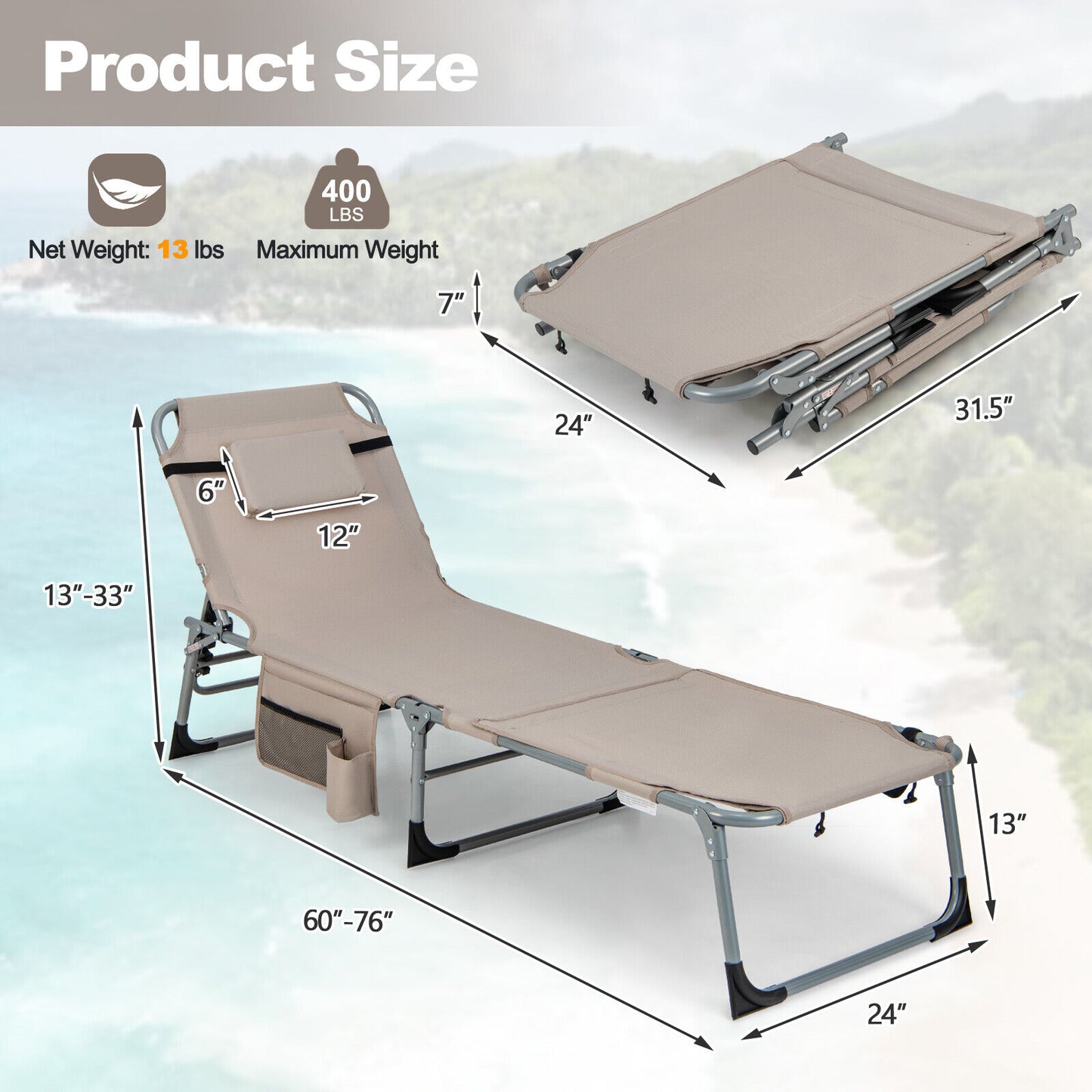 5-position Outdoor Folding Chaise Lounge Chair- OURS IS PINK