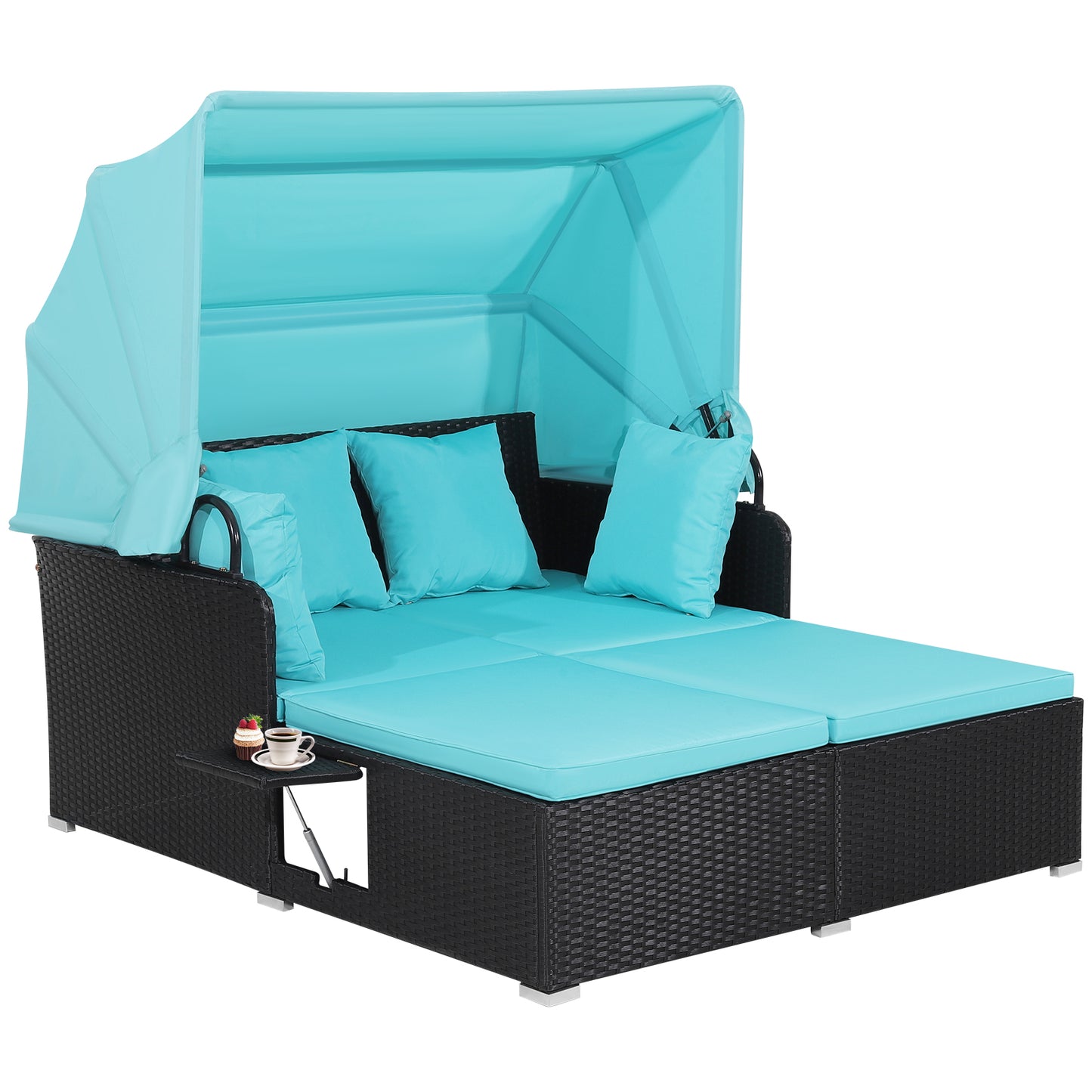 Patio Rattan Daybed with Retractable Canopy and Side Tables-Turquoise, Fully Assembled