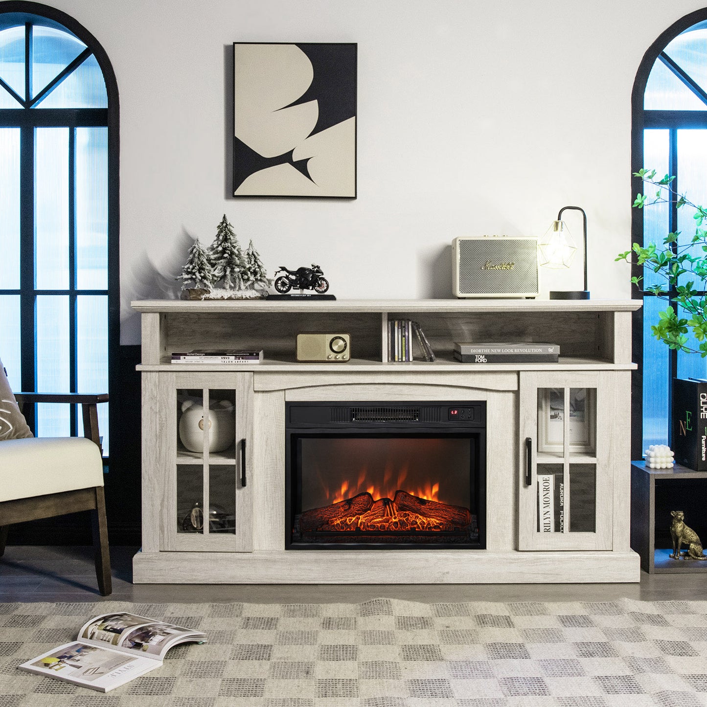Fireplace TV Stand with 1400W Electric Fireplace-Gray, Fully Assembled