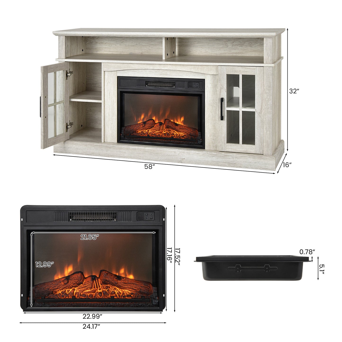 Fireplace TV Stand with 1400W Electric Fireplace-Gray, Fully Assembled