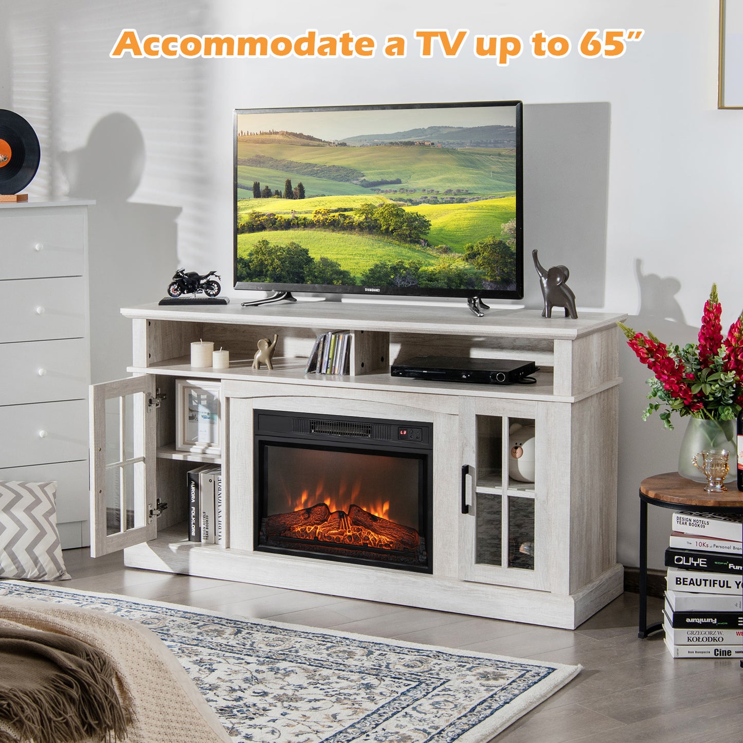 Fireplace TV Stand with 1400W Electric Fireplace-Gray, Fully Assembled