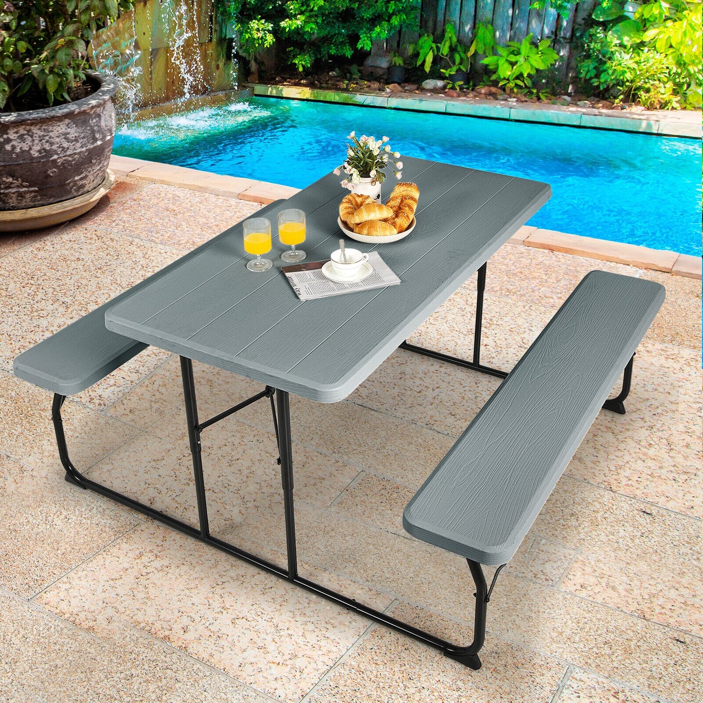 Indoor and Outdoor Folding Picnic Table Bench Set -Gray (1 Box)