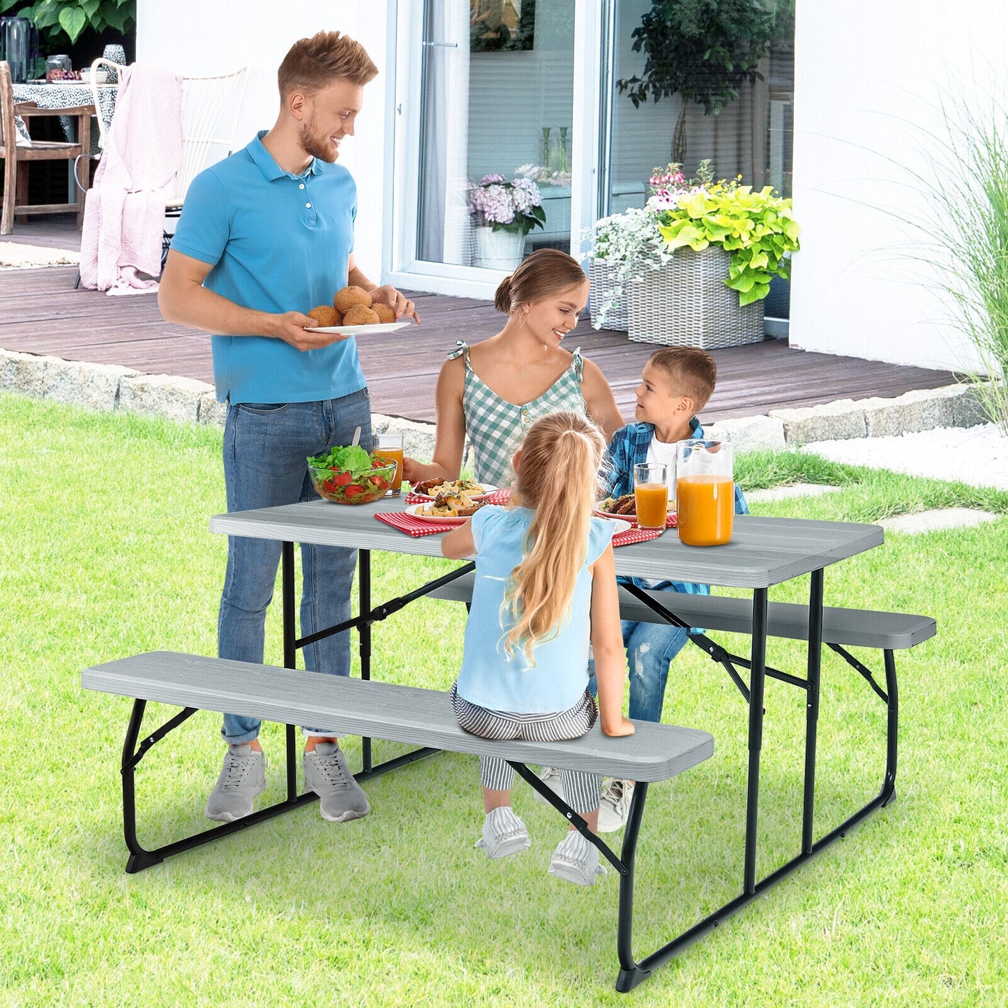 Indoor and Outdoor Folding Picnic Table Bench Set -Gray (1 Box)