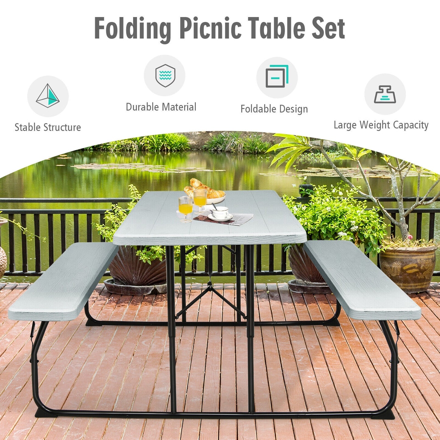 Indoor and Outdoor Folding Picnic Table Bench Set -Gray (1 Box)