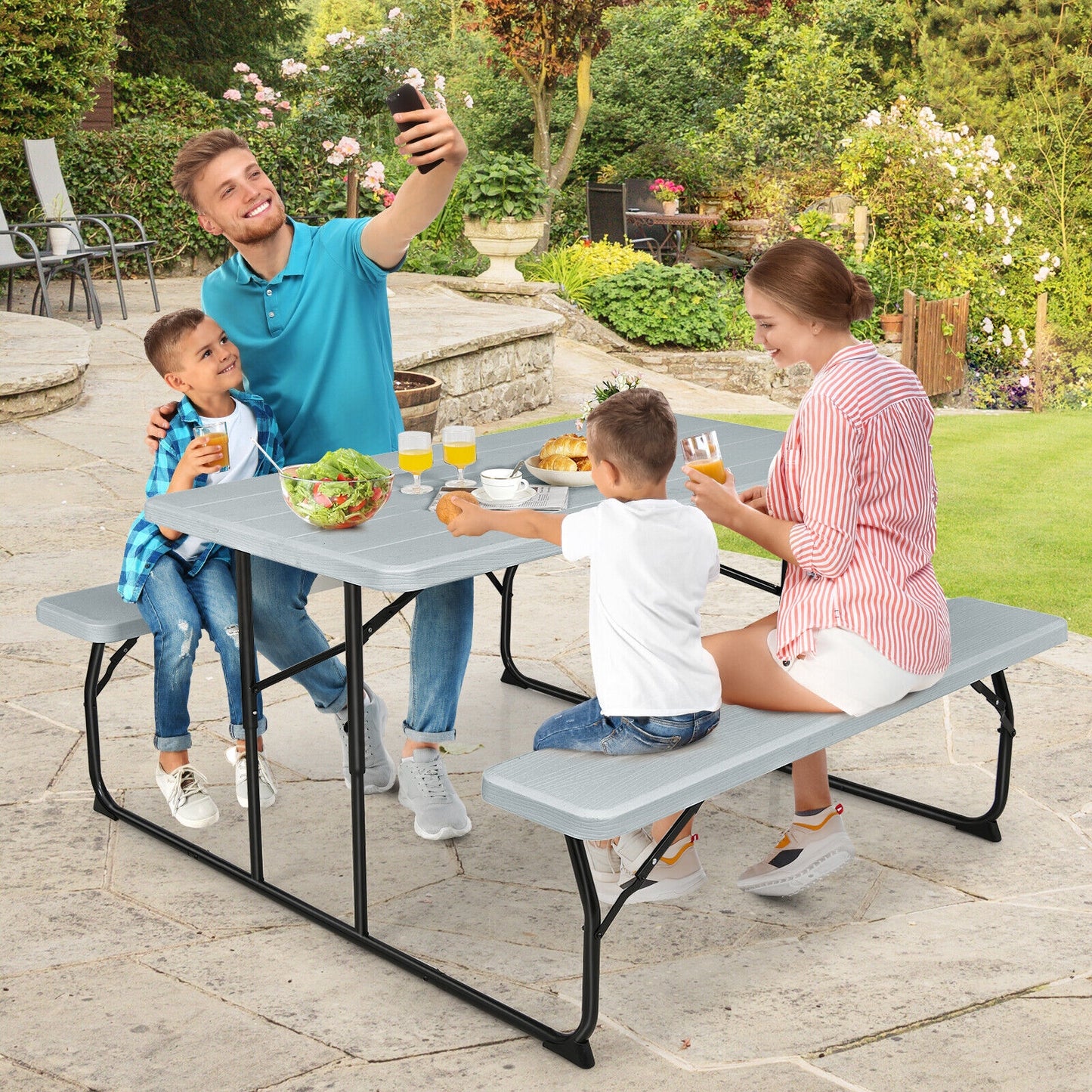 Indoor and Outdoor Folding Picnic Table Bench Set -Gray (1 Box)