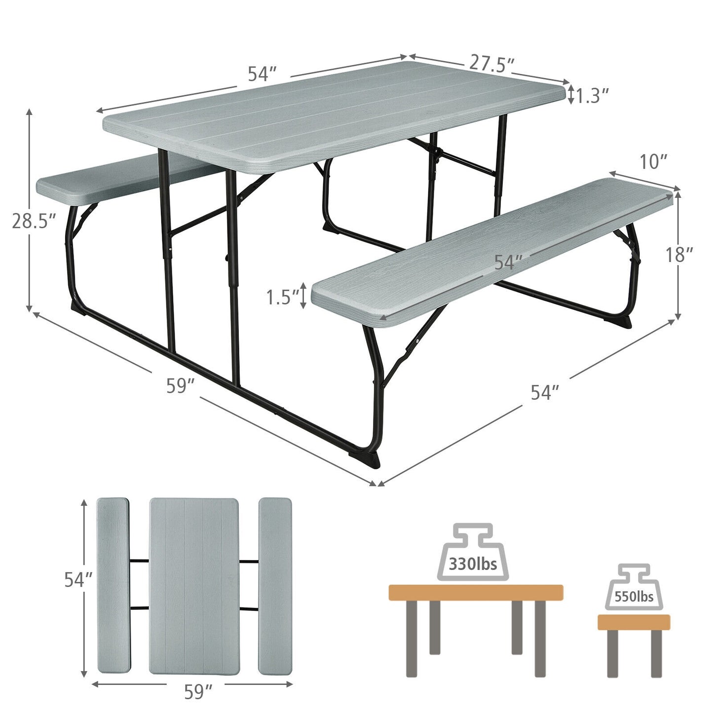 Indoor and Outdoor Folding Picnic Table Bench Set -Gray (1 Box)