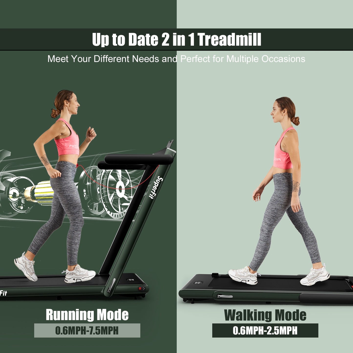 2.25HP 2 in 1 Folding Treadmill with APP Speaker (See Description)-Green (MAX265lbs)