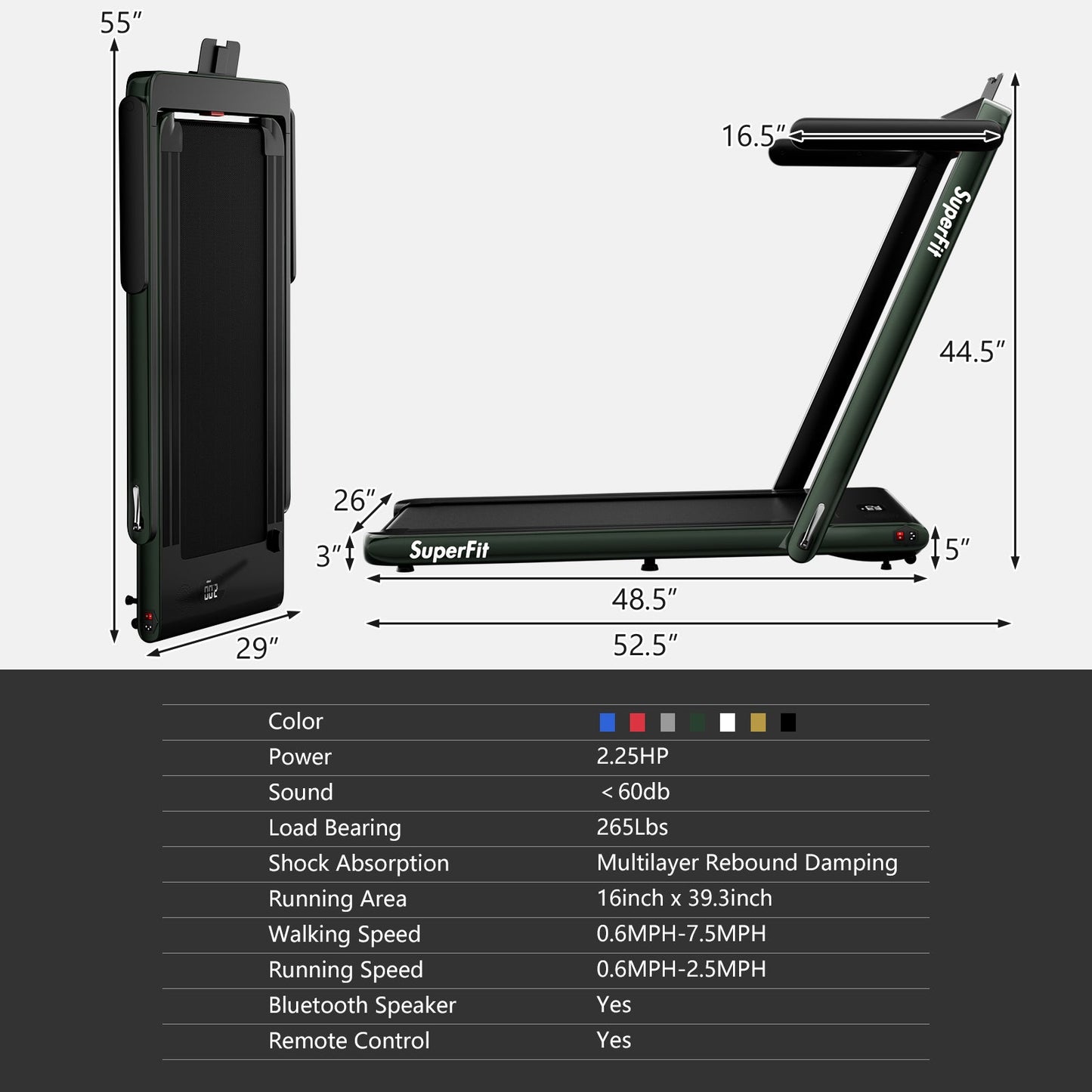 2.25HP 2 in 1 Folding Treadmill with APP Speaker (See Description)-Green (MAX265lbs)