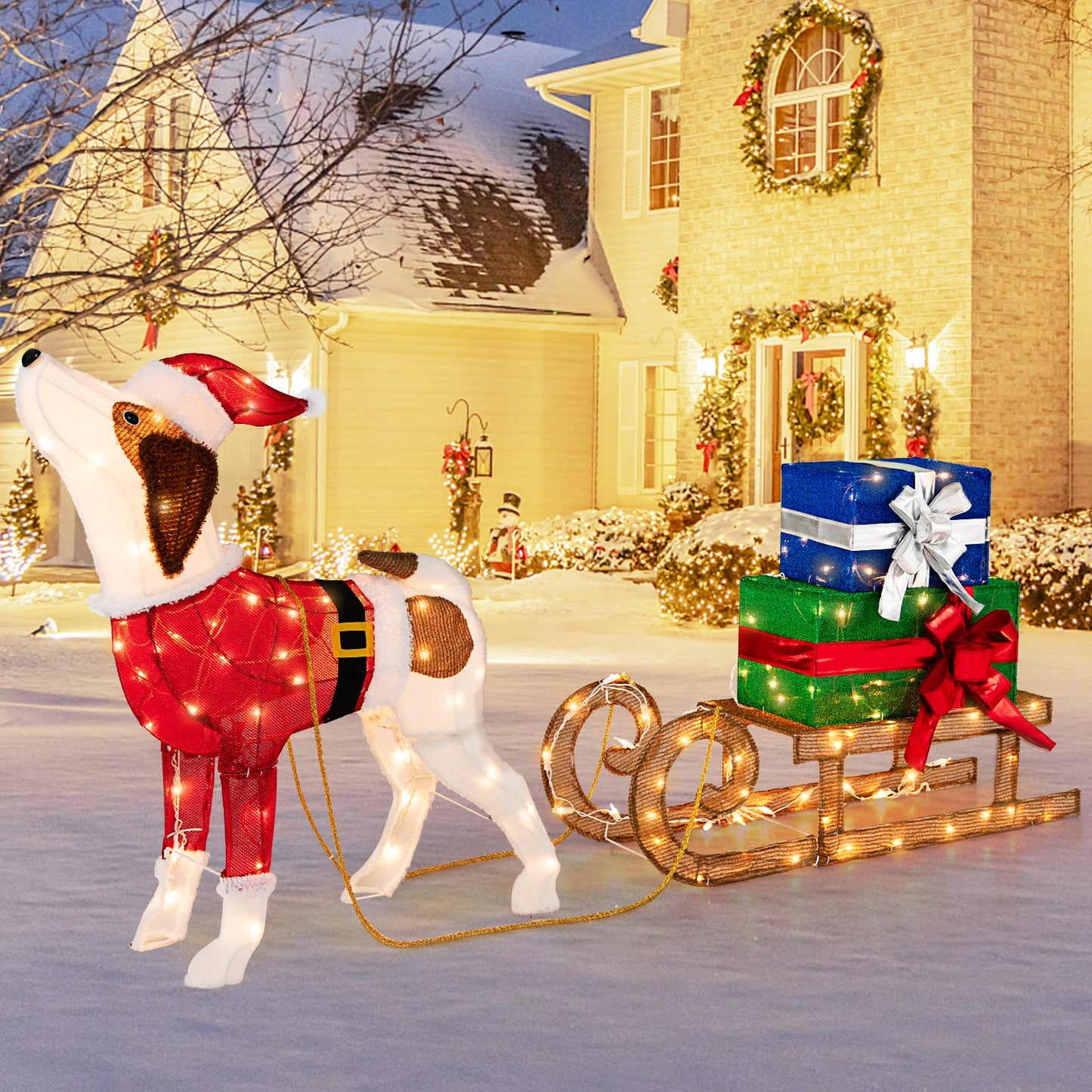 Outdoor Pre-lit Xmas Dog and Sleigh with 170 Warm Bright Lights for Porch, 1 box, unassembled