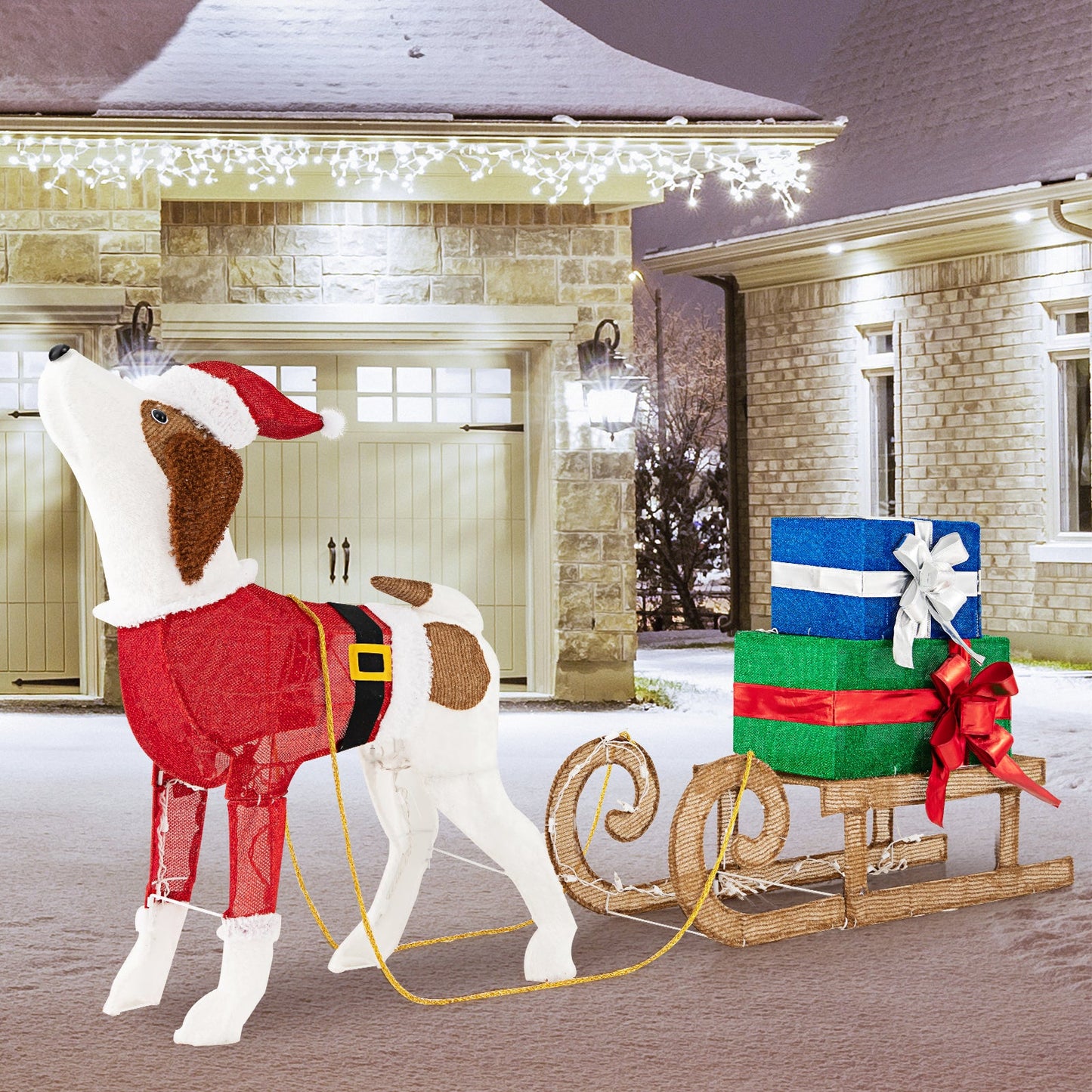 Outdoor Pre-lit Xmas Dog and Sleigh with 170 Warm Bright Lights for Porch, 1 box, unassembled