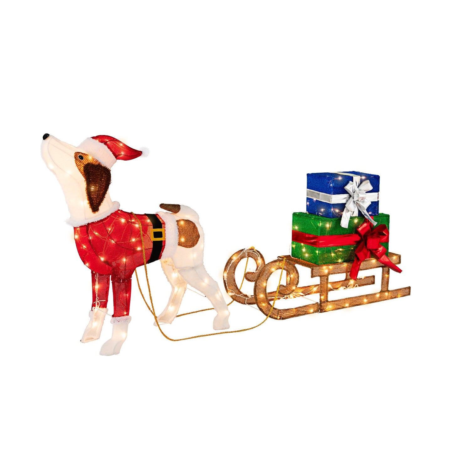 Outdoor Pre-lit Xmas Dog and Sleigh with 170 Warm Bright Lights for Porch, 1 box, unassembled