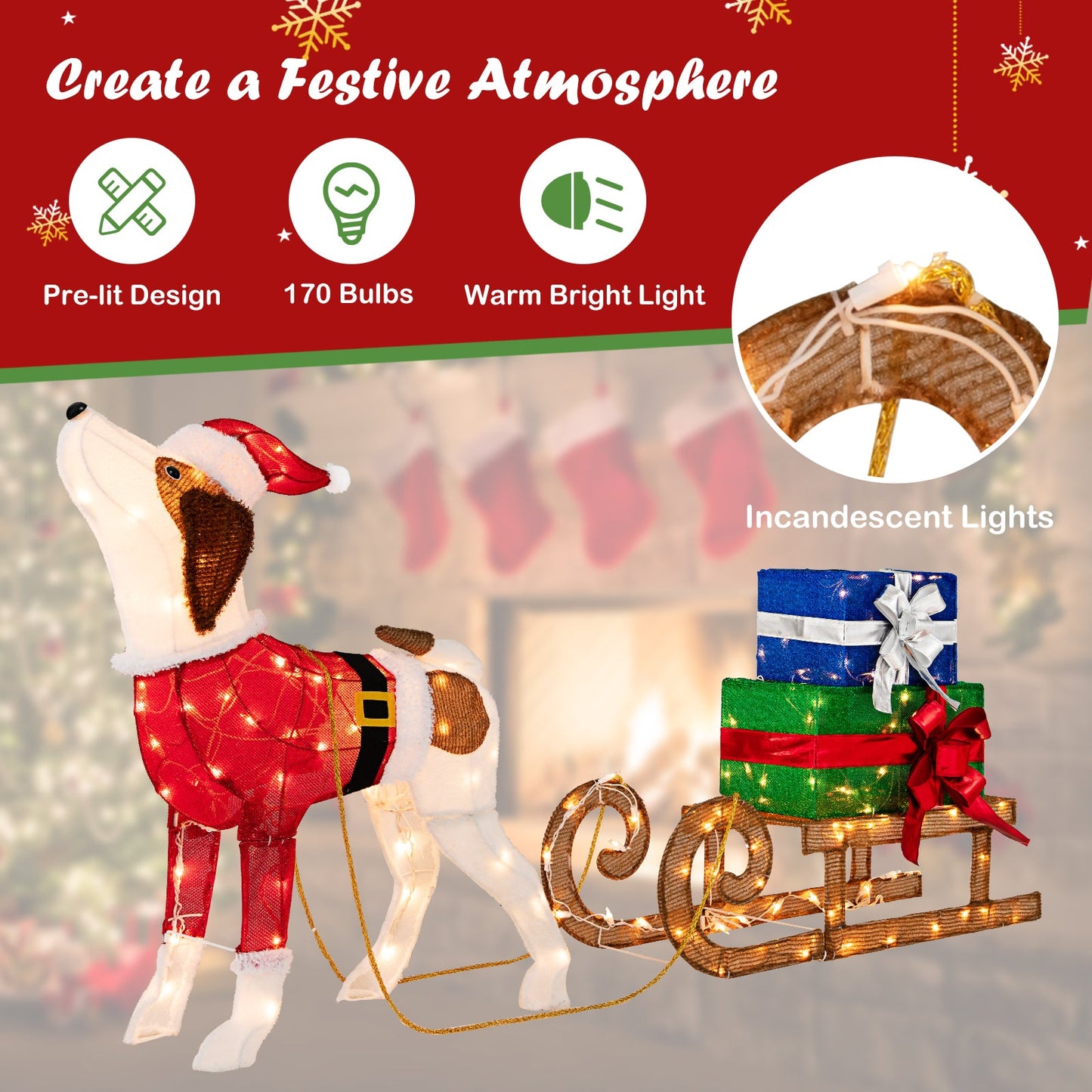 Outdoor Pre-lit Xmas Dog and Sleigh with 170 Warm Bright Lights for Porch, 1 box, unassembled