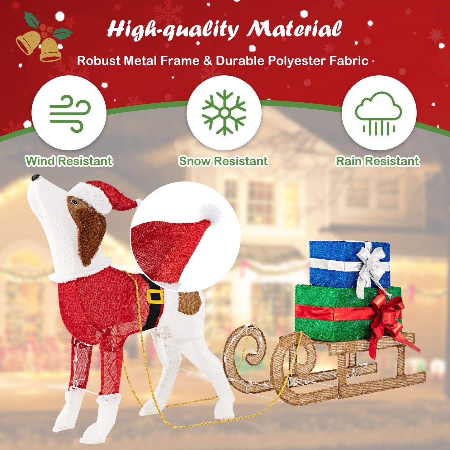 Outdoor Pre-lit Xmas Dog and Sleigh with 170 Warm Bright Lights for Porch, 1 box, unassembled