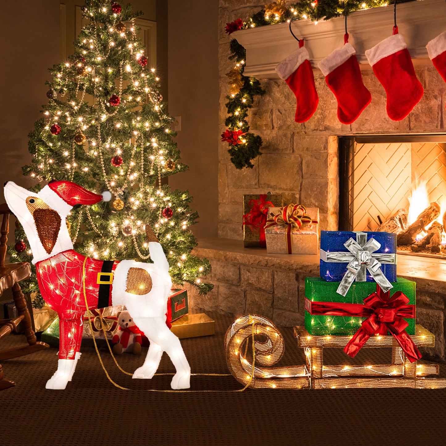 Outdoor Pre-lit Xmas Dog and Sleigh with 170 Warm Bright Lights for Porch, 1 box, unassembled