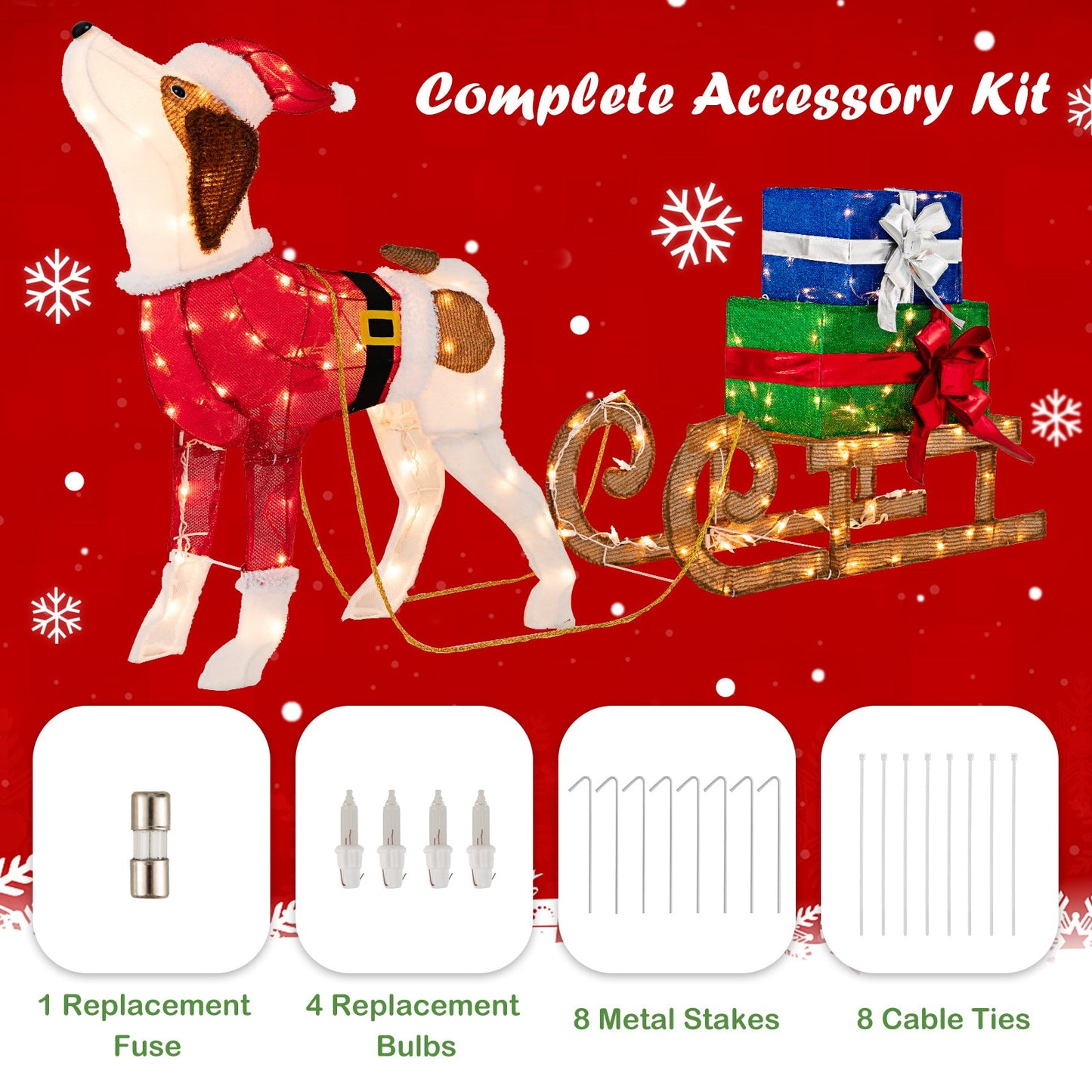 Outdoor Pre-lit Xmas Dog and Sleigh with 170 Warm Bright Lights for Porch, 1 box, unassembled