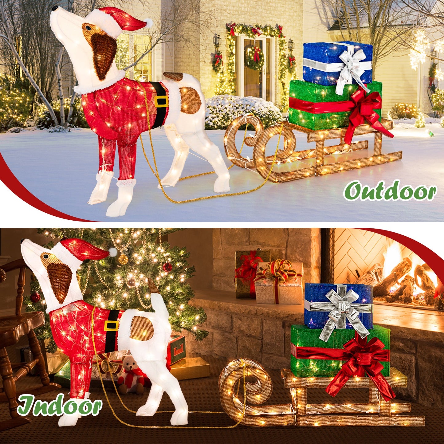 Outdoor Pre-lit Xmas Dog and Sleigh with 170 Warm Bright Lights for Porch, 1 box, unassembled