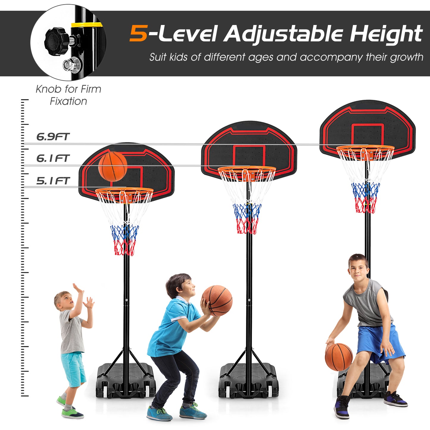 Adjustable Kids' Basketball Hoop Stand with Durable Net and Wheel - for Children