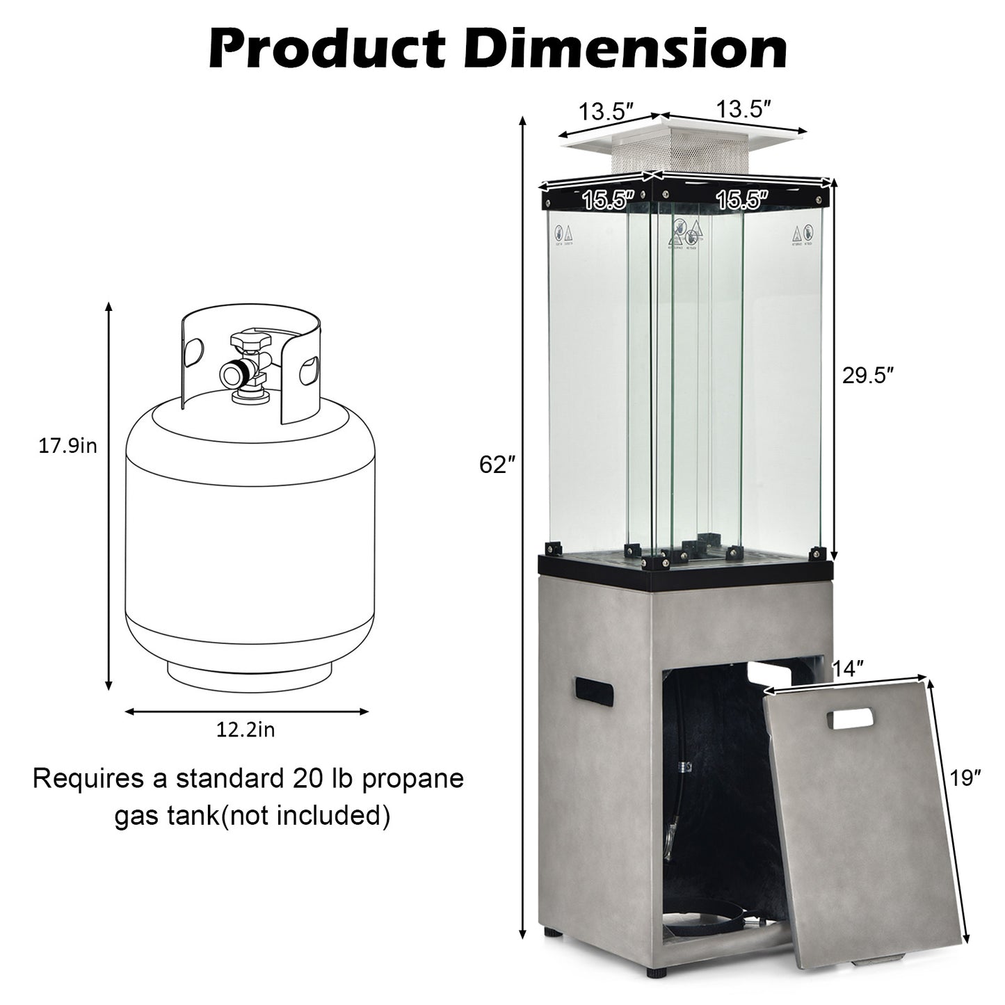 41 000 BTU Propane Patio Heater-Gray, fully assembled, scratch & dent on front