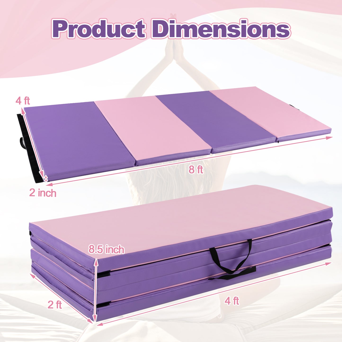 Folding Gymnastics Mat with Carry Handles and Sweatproof Detachable PU Leather Cover-Pink