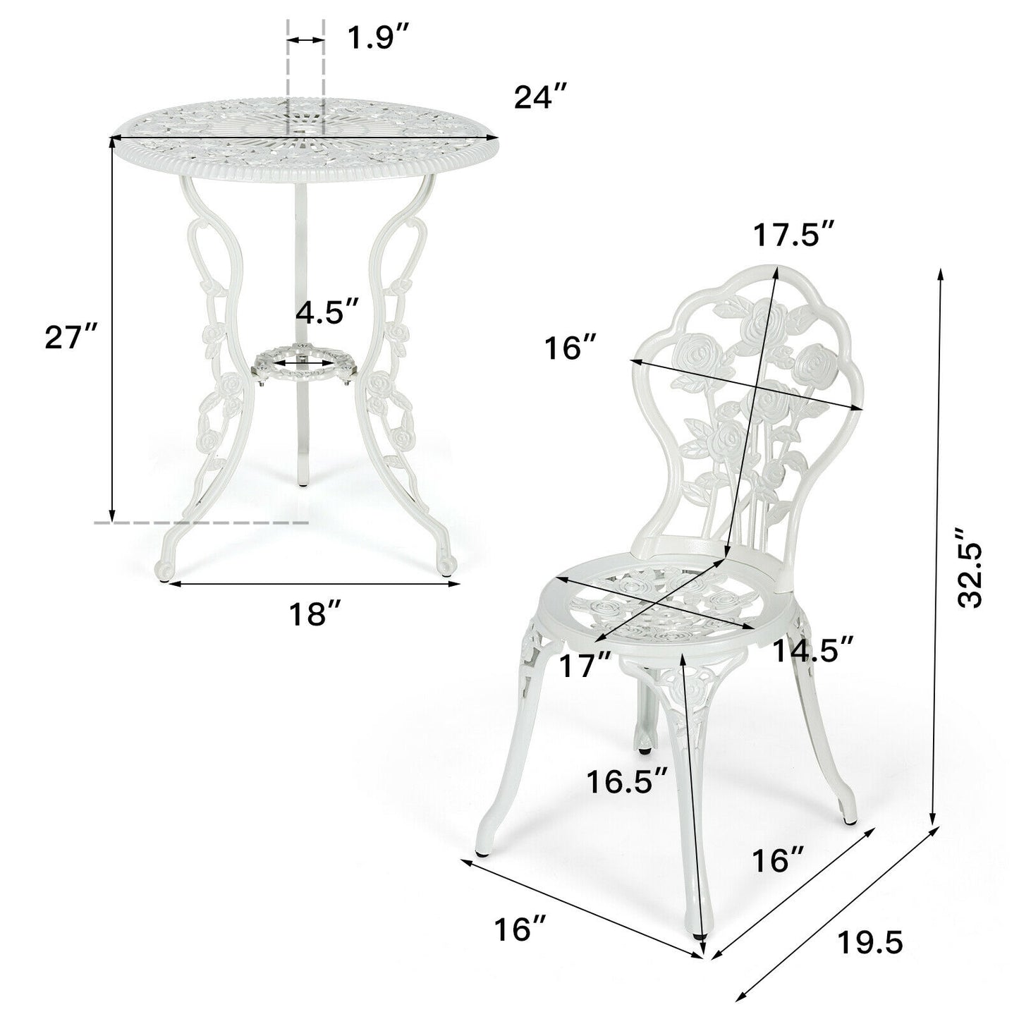 Outdoor Cast Aluminum Patio Furniture Set with Rose Design-White (Fully Assembled)