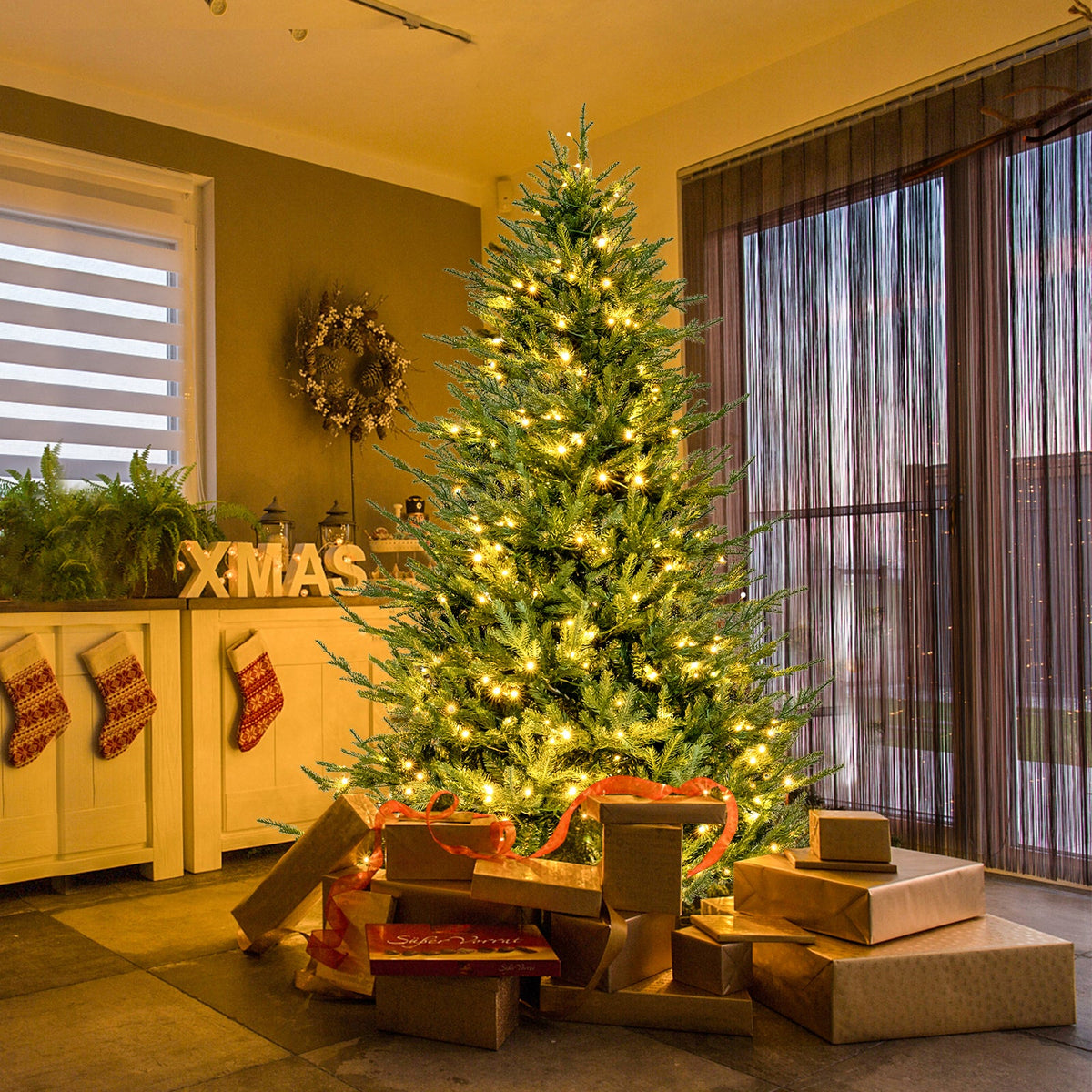 Pre-lit 6 ft Christmas Tree with 280 Warm White LED Lights and 8 Lighting Modes, assembled, final sale