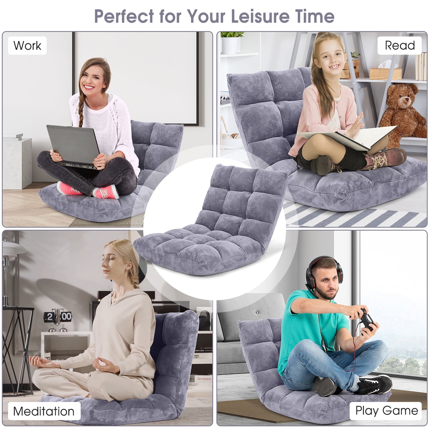 Adjustable 14-position Cushioned Floor Chair-Gray